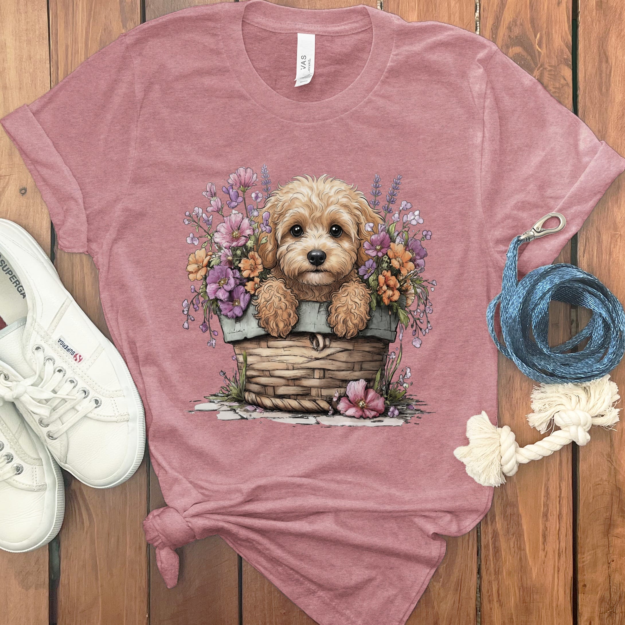Cavapoo Floral Basket T-Shirt in Heather Mauve / M by Puppy Jo