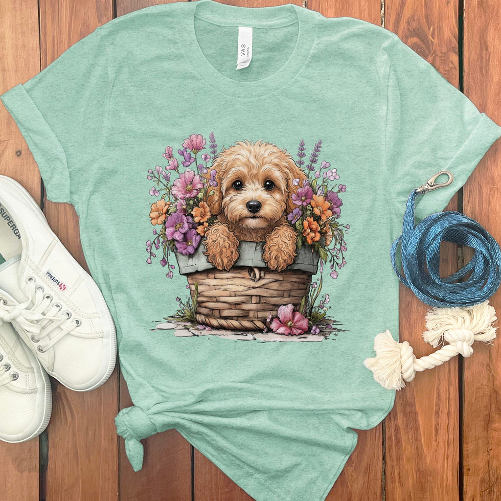 Cavapoo Floral Basket T-Shirt in Heather Mint / XL by Puppy Jo
