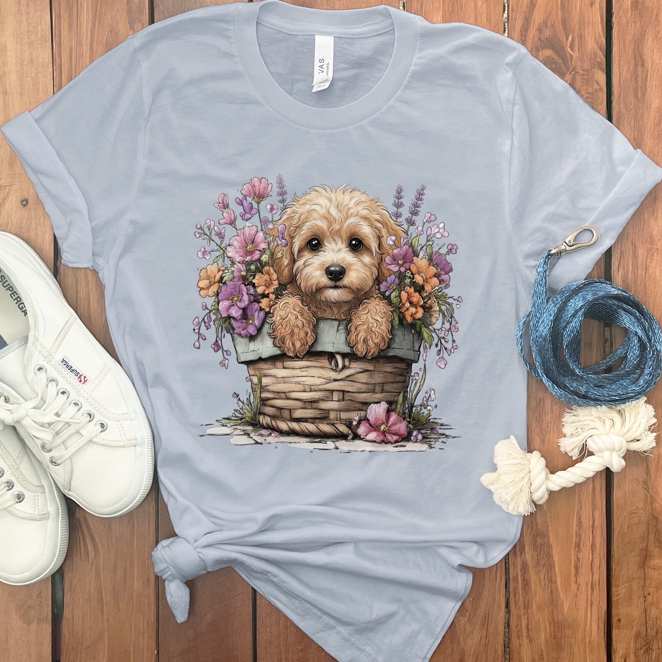 Cavapoo Floral Basket T-Shirt in Light Blue / M by Puppy Jo