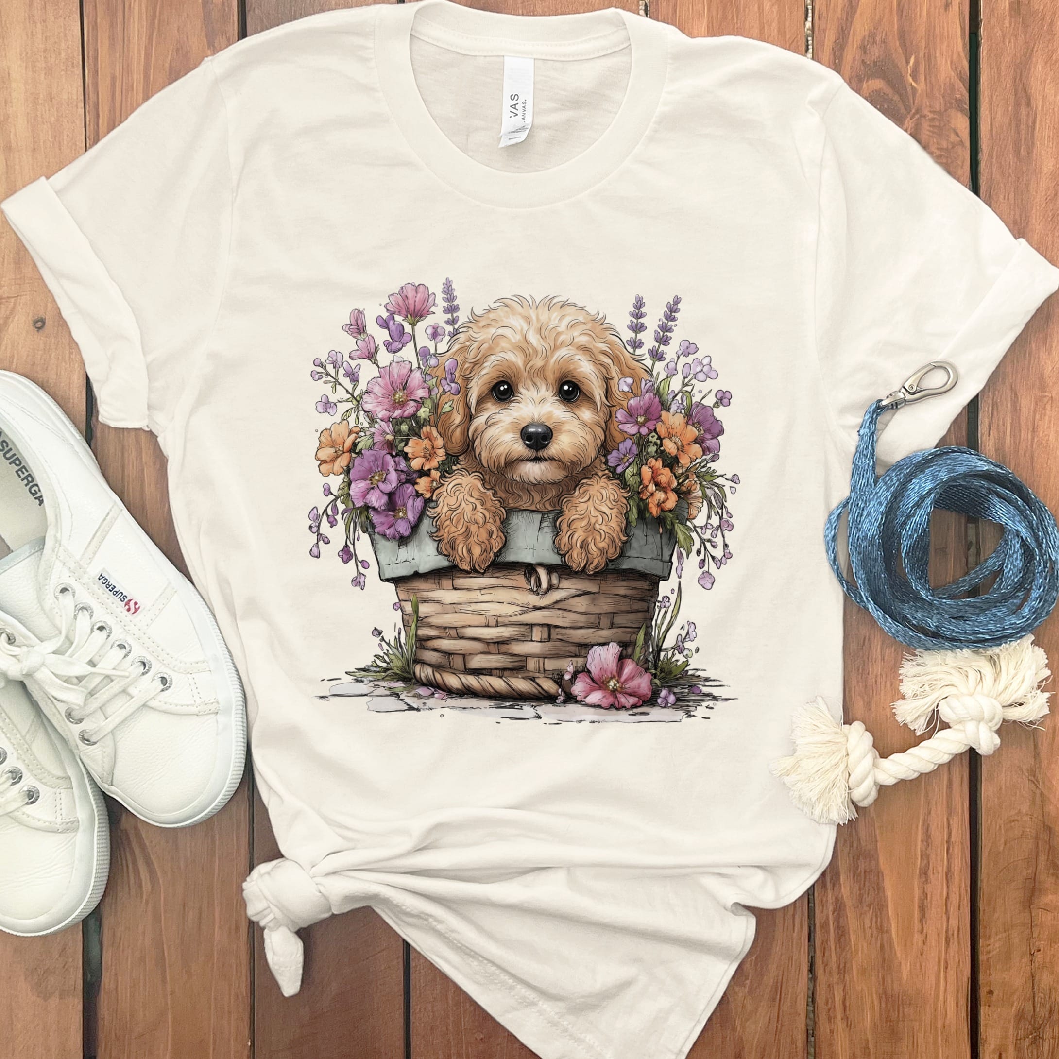 Cavapoo Floral Basket T-Shirt in Natural / M by Puppy Jo
