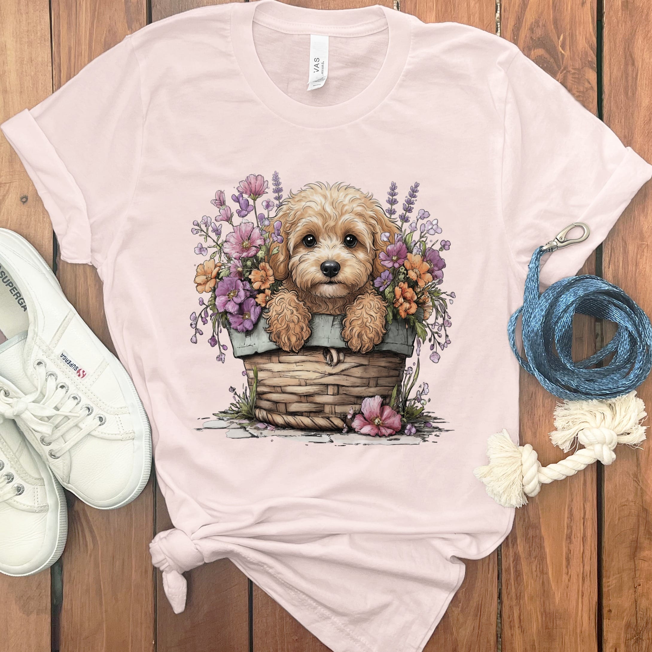 Cavapoo Floral Basket T-Shirt in Soft Pink / M by Puppy Jo