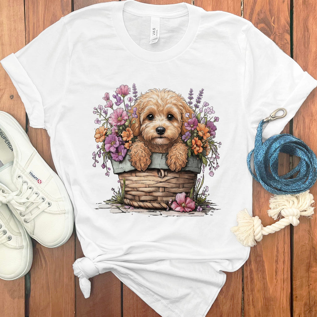 Cavapoo Floral Basket T-Shirt in White / M by Puppy Jo