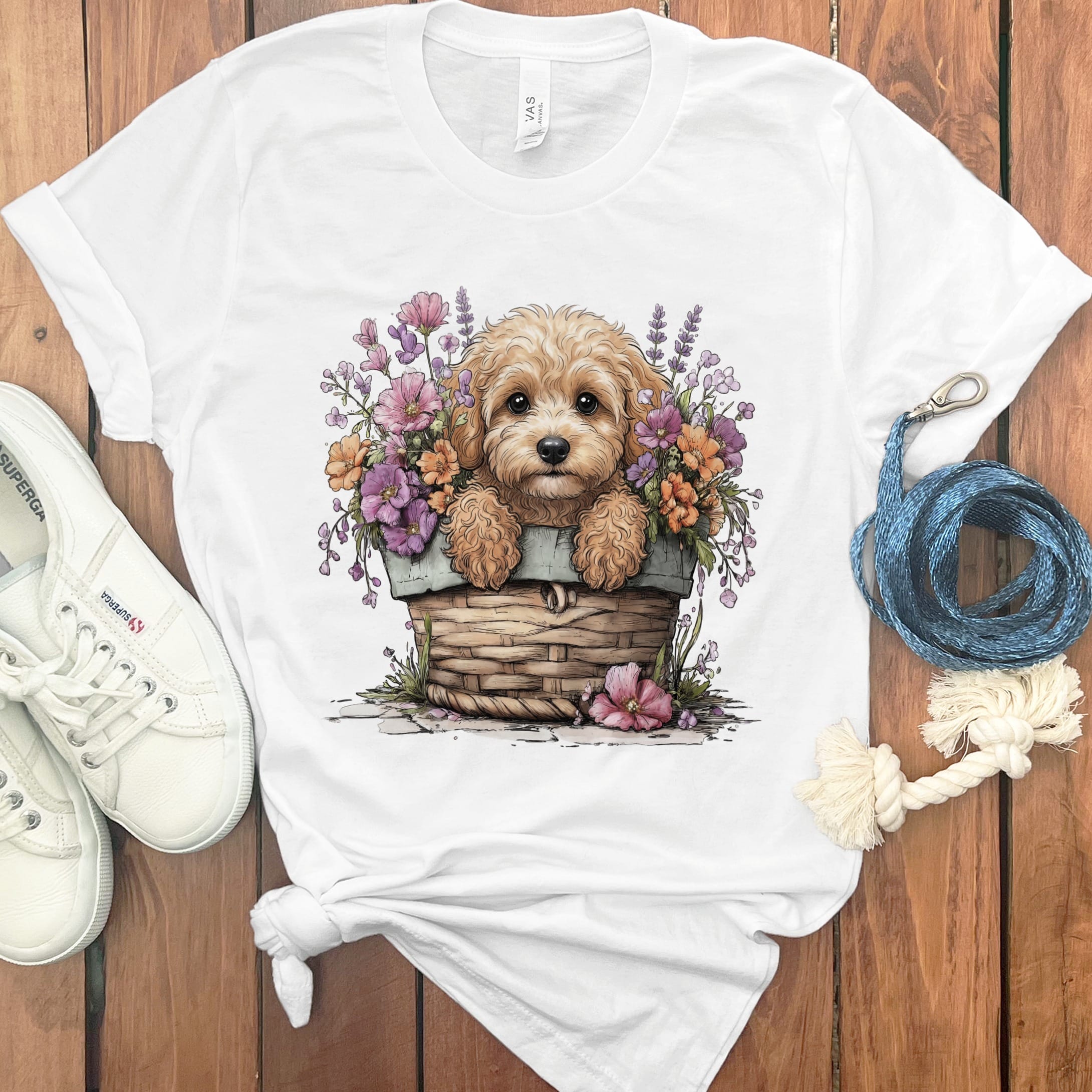 Cavapoo Floral Basket T-Shirt in White / M by Puppy Jo