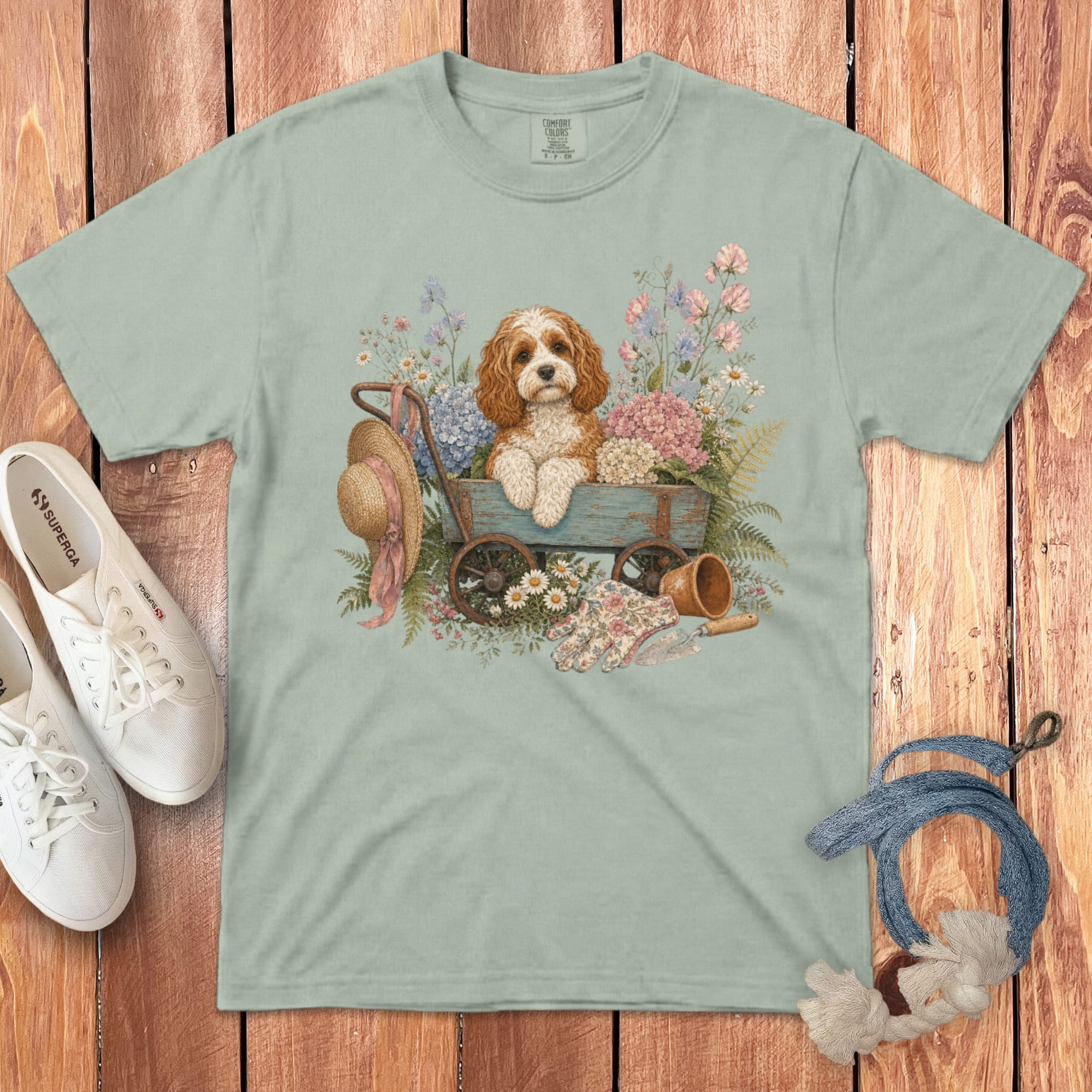Cavapoo Floral Wagon Signature T-Shirt in Bay / S by Puppy Jo