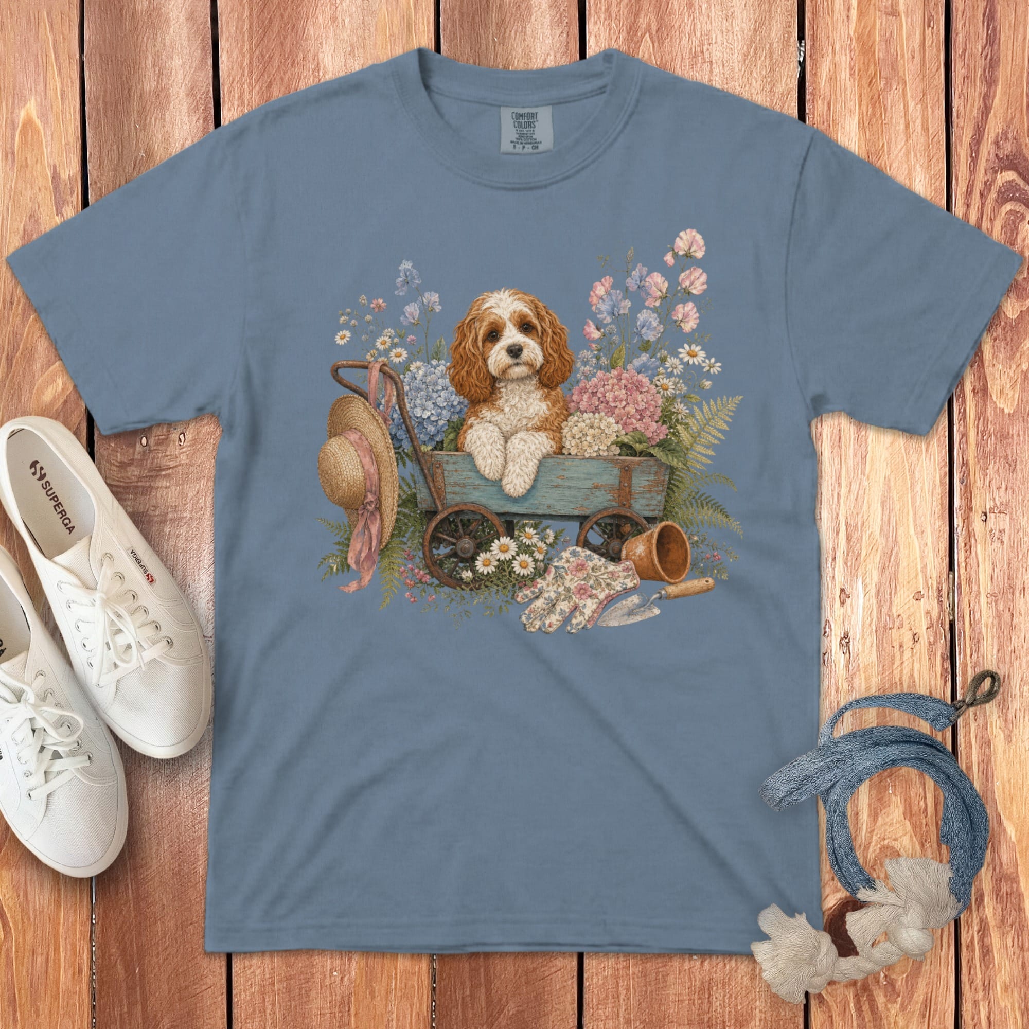 Cavapoo Floral Wagon Signature T-Shirt in Blue Jean / S by Puppy Jo