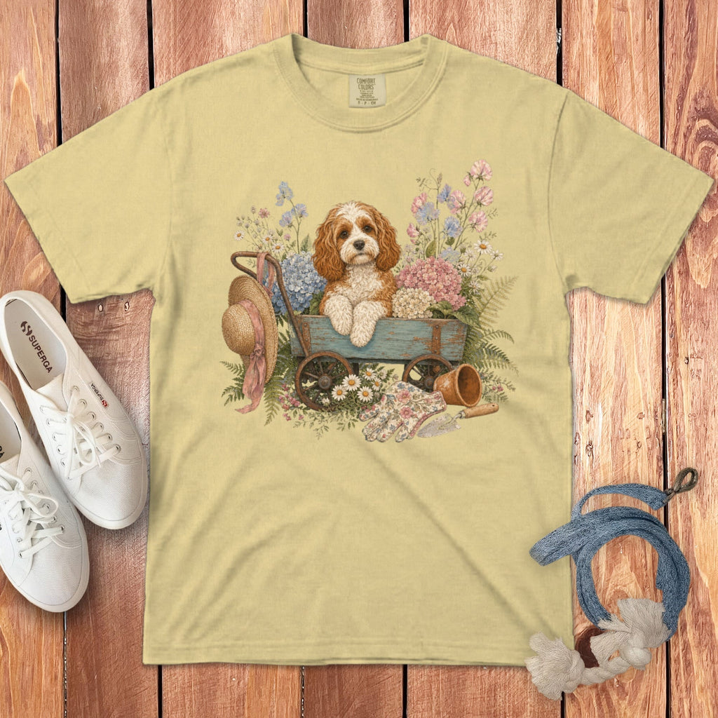 Cavapoo Floral Wagon Signature T-Shirt in Butter / S by Puppy Jo