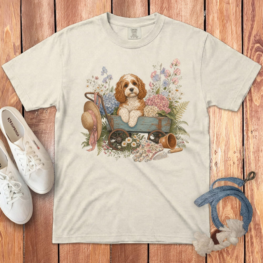 Cavapoo Floral Wagon Signature T-Shirt in Ivory / S by Puppy Jo