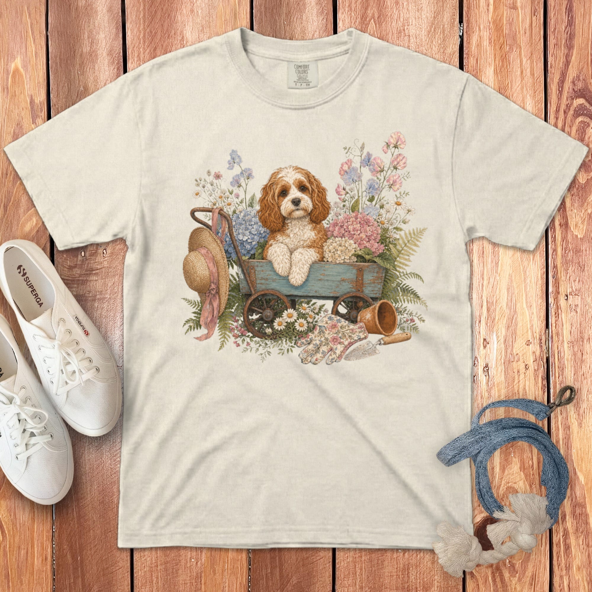 Cavapoo Floral Wagon Signature T-Shirt in Ivory / S by Puppy Jo