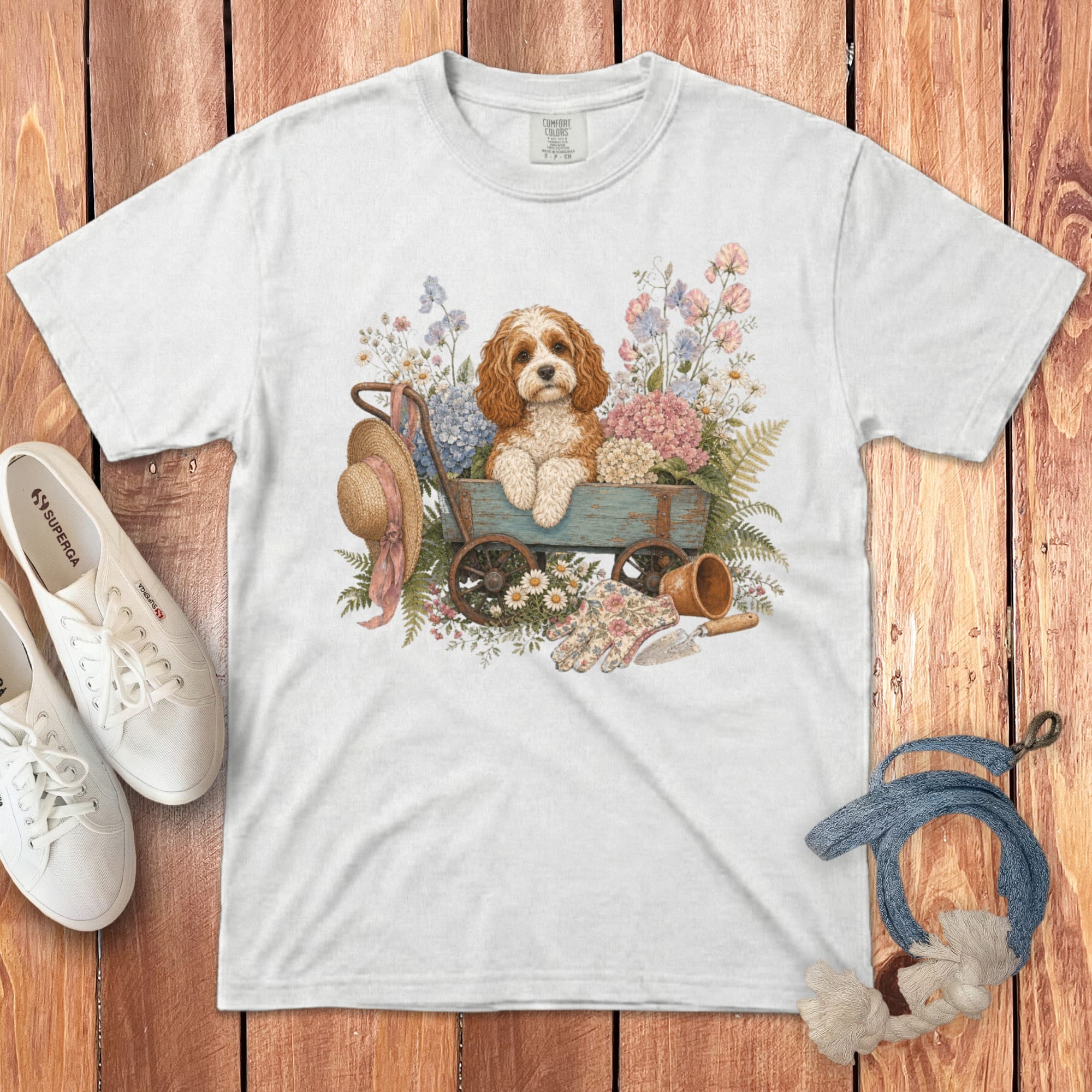 Cavapoo Floral Wagon Signature T-Shirt in White / S by Puppy Jo