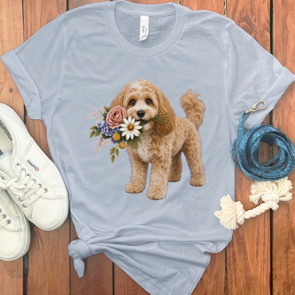 Cavapoo Flower Shop T-Shirt in Light Blue / S by Puppy Jo
