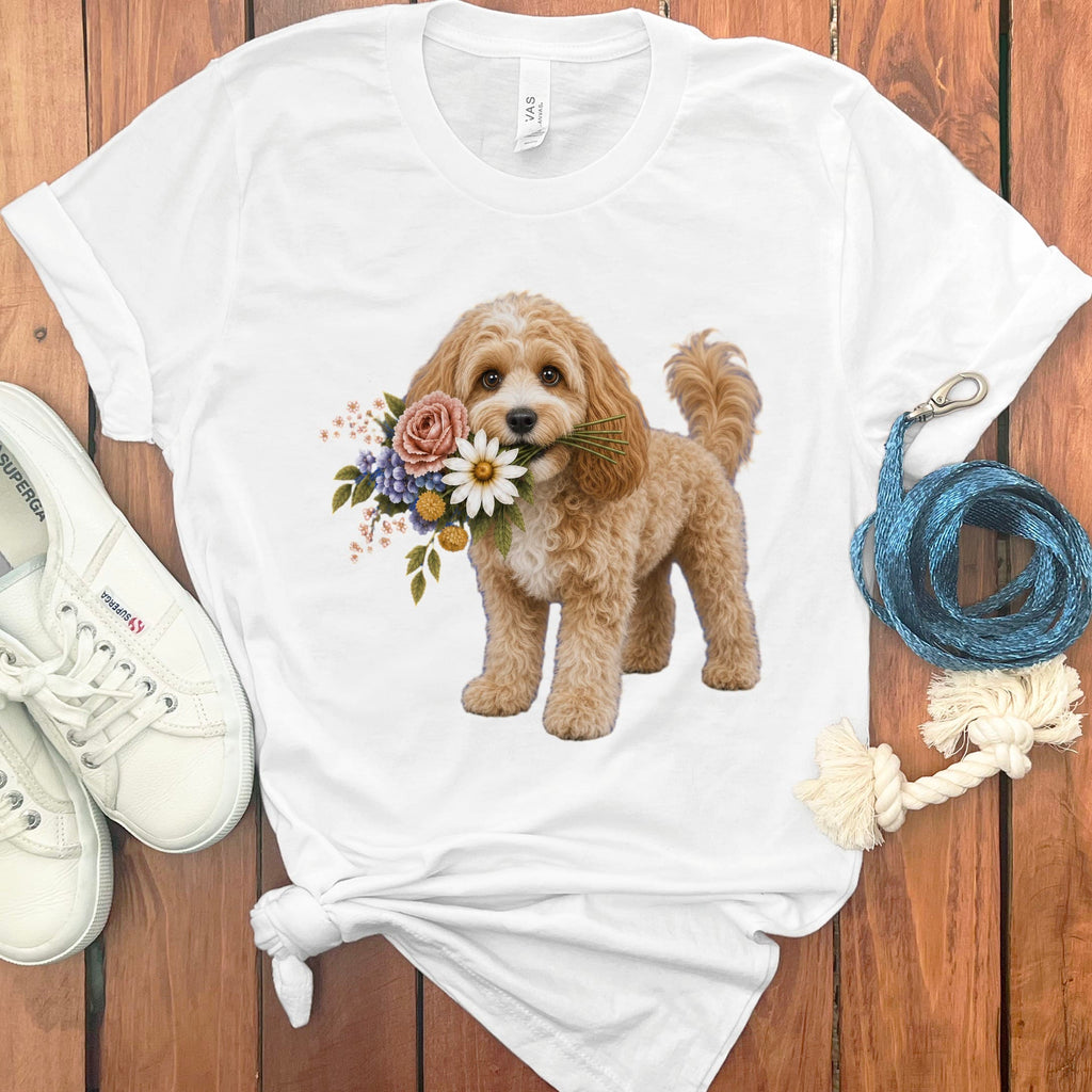 Cavapoo Flower Shop T-Shirt in White / S by Puppy Jo