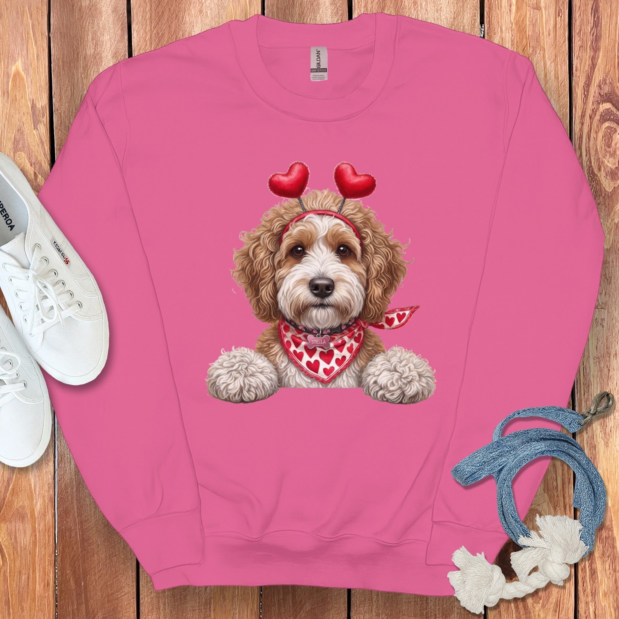Cavapoo Heart Scarf Sweatshirt in Heliconia / S by Puppy Jo
