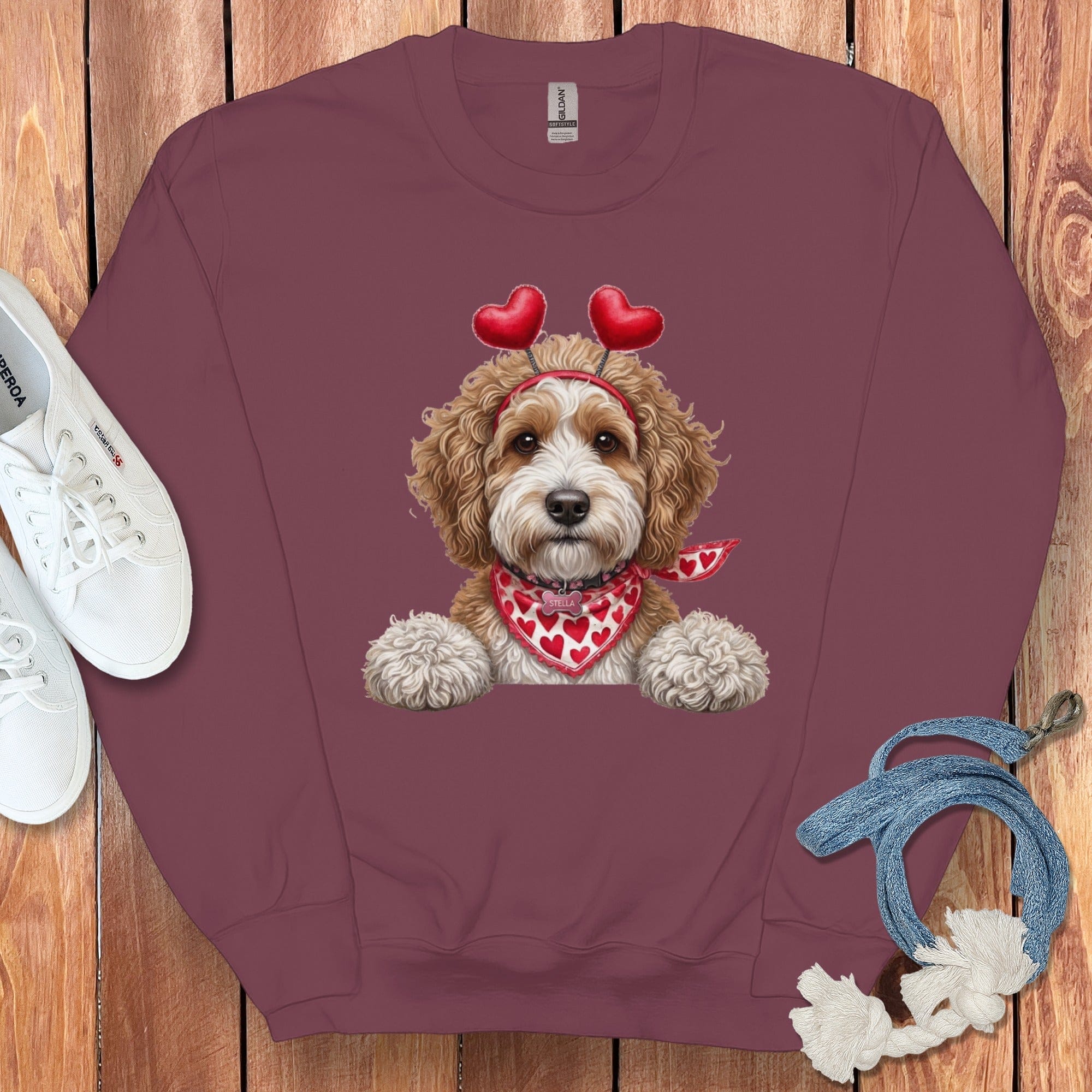 Cavapoo Heart Scarf Sweatshirt in Maroon / S by Puppy Jo