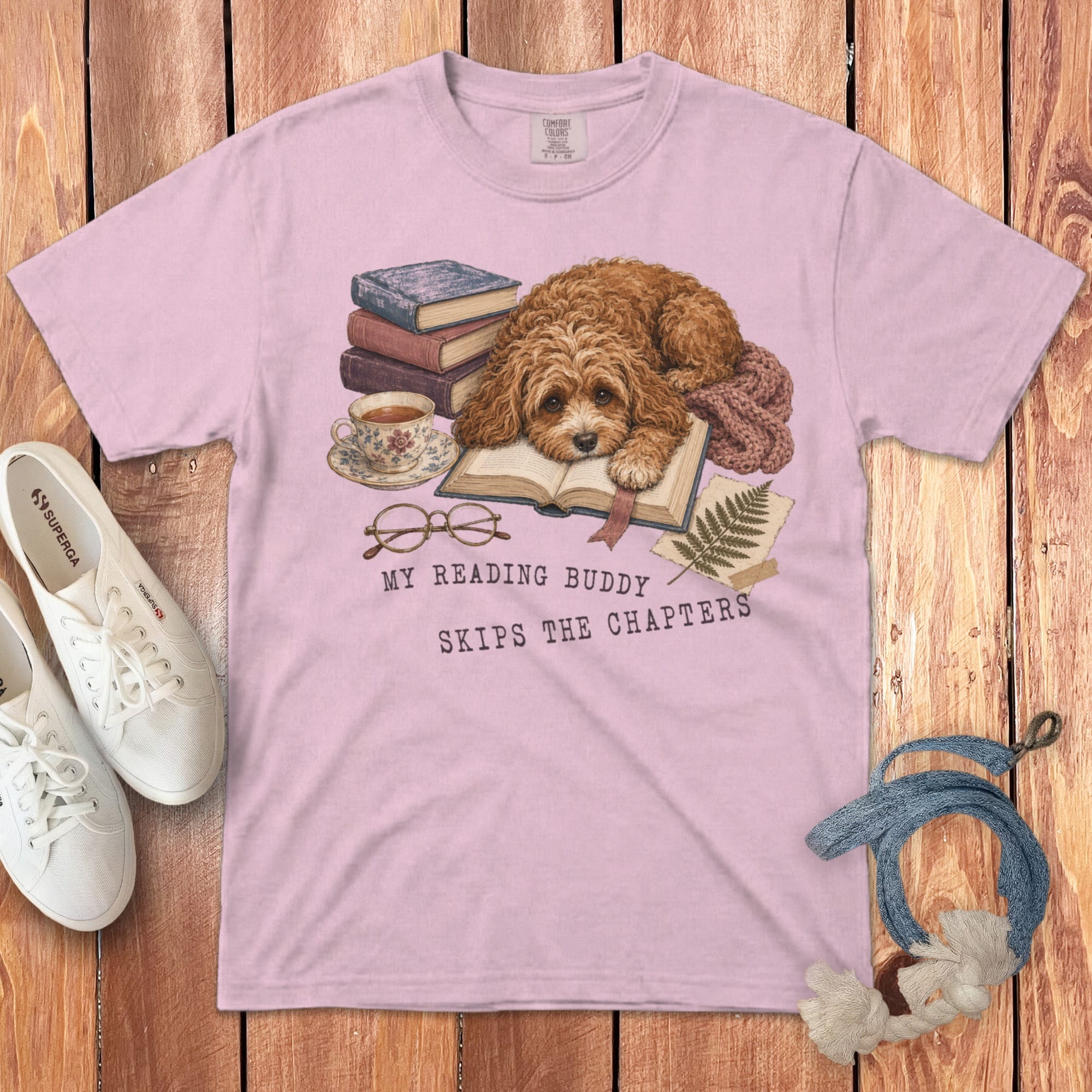 Cavapoo Reading Buddy Signature T-Shirt in Blossom / S by Puppy Jo
