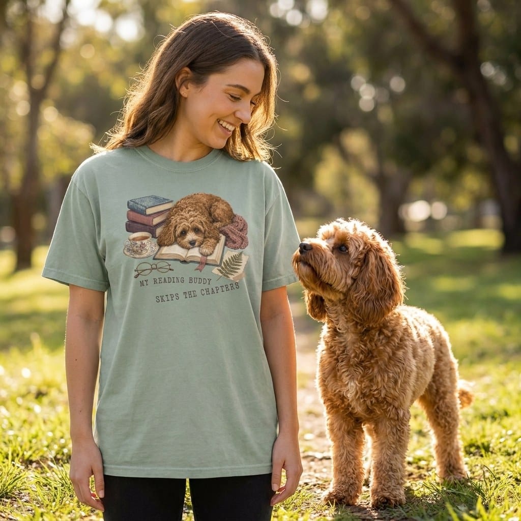 Cavapoo Reading Buddy Signature T-Shirt in by Puppy Jo