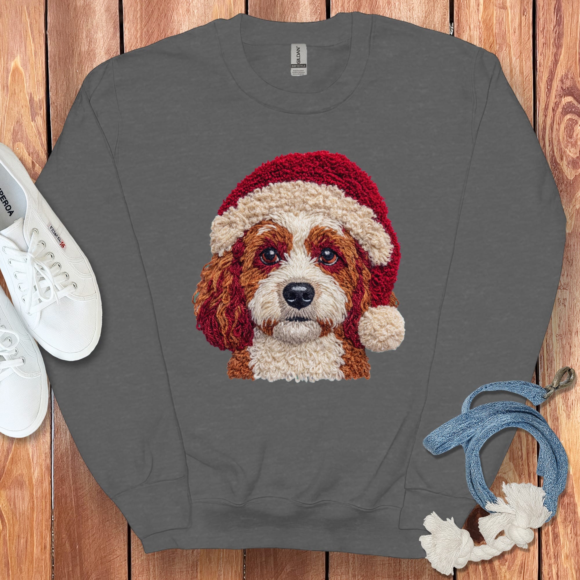 Cavapoo Santa Faux Yarn Sweatshirt in Dark Heather / S by Puppy Jo