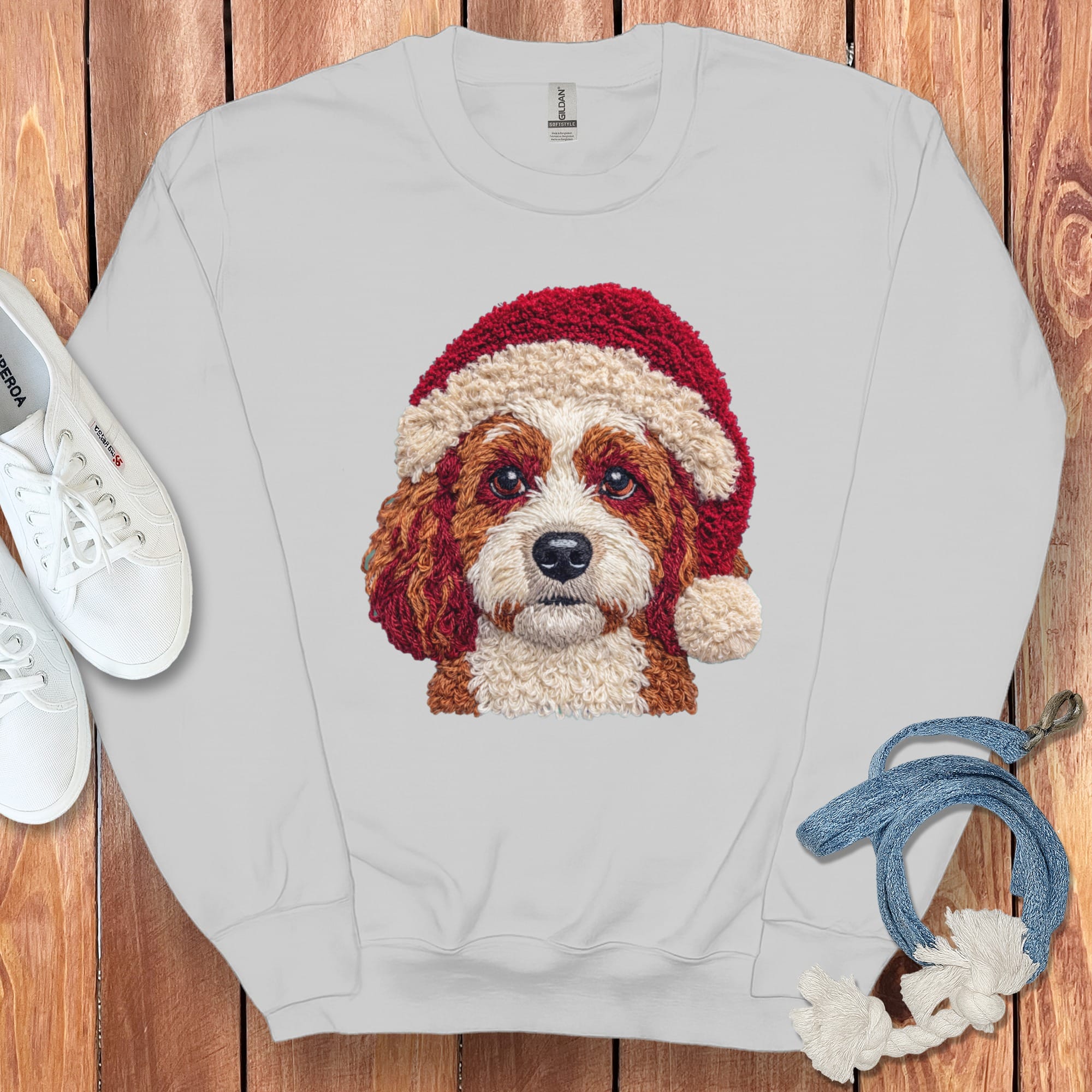 Cavapoo Santa Faux Yarn Sweatshirt in Sport Grey / S by Puppy Jo