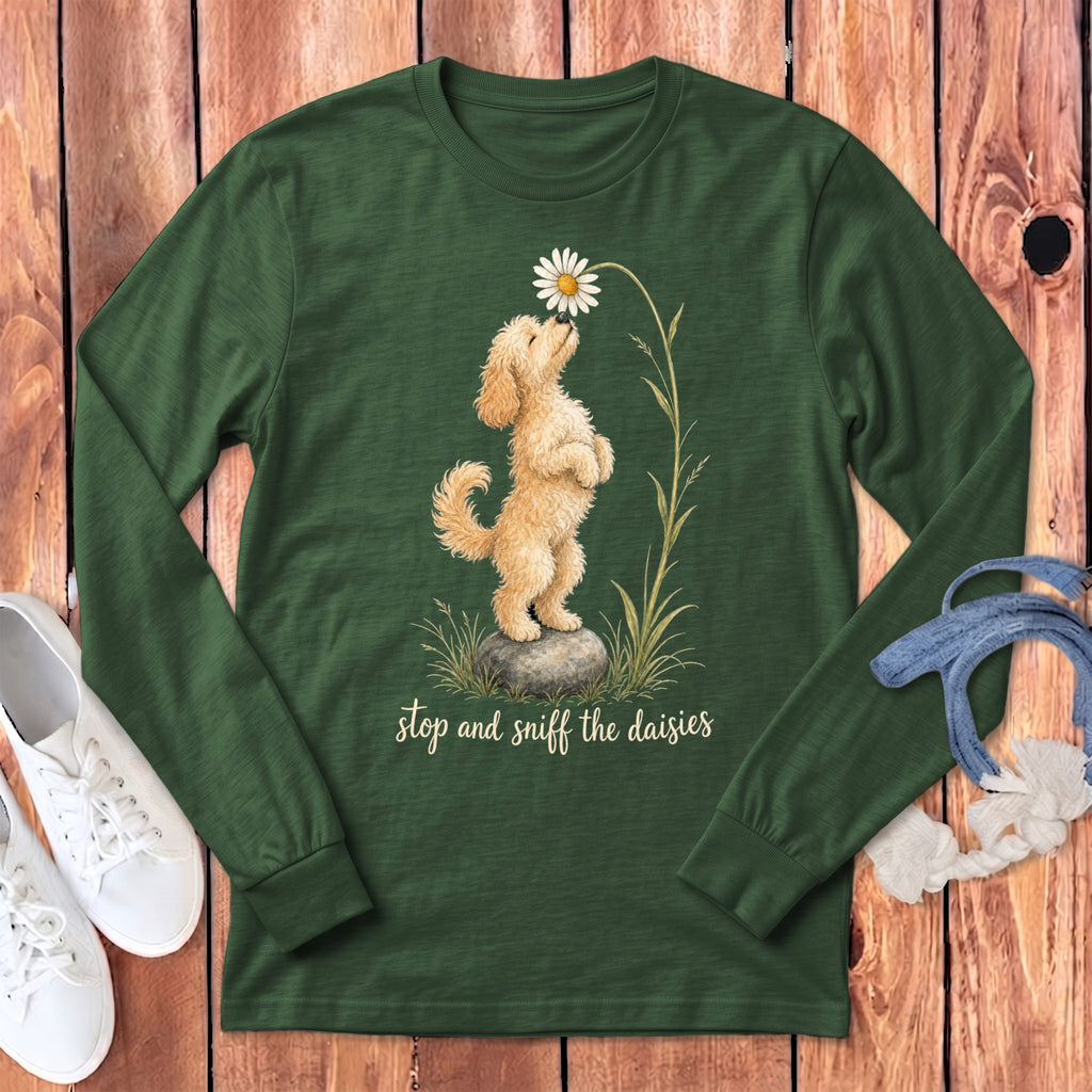 Cavapoo Sniff Daisies Long Sleeve T-Shirt in Heather Forest / S by Puppy Jo