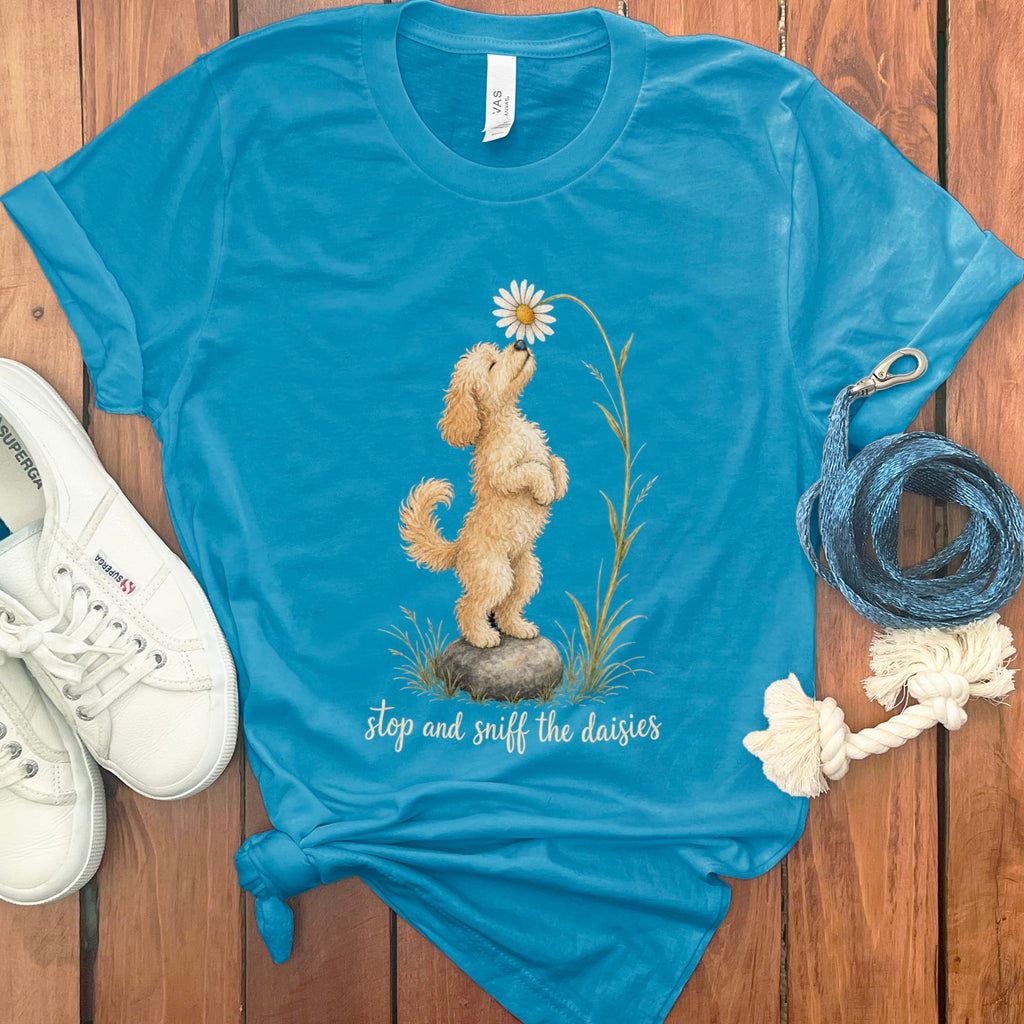 Cavapoo Sniff Daisies T-Shirt in Aqua / S by Puppy Jo