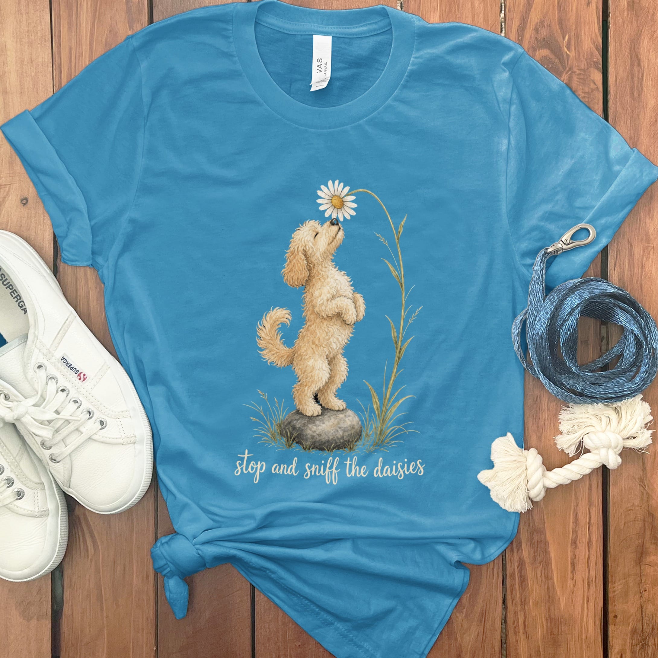 Cavapoo Sniff Daisies T-Shirt in Aqua / S by Puppy Jo