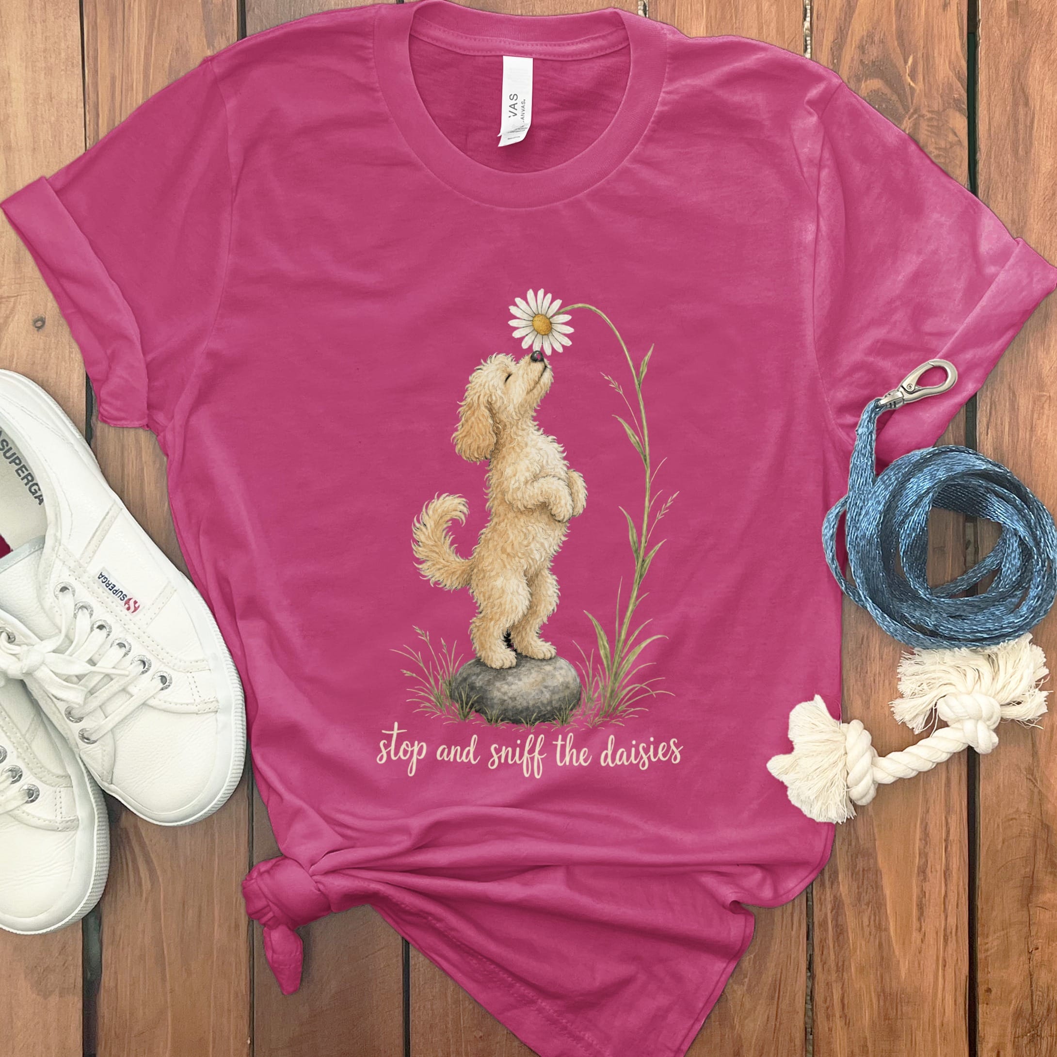Cavapoo Sniff Daisies T-Shirt in Berry / S by Puppy Jo