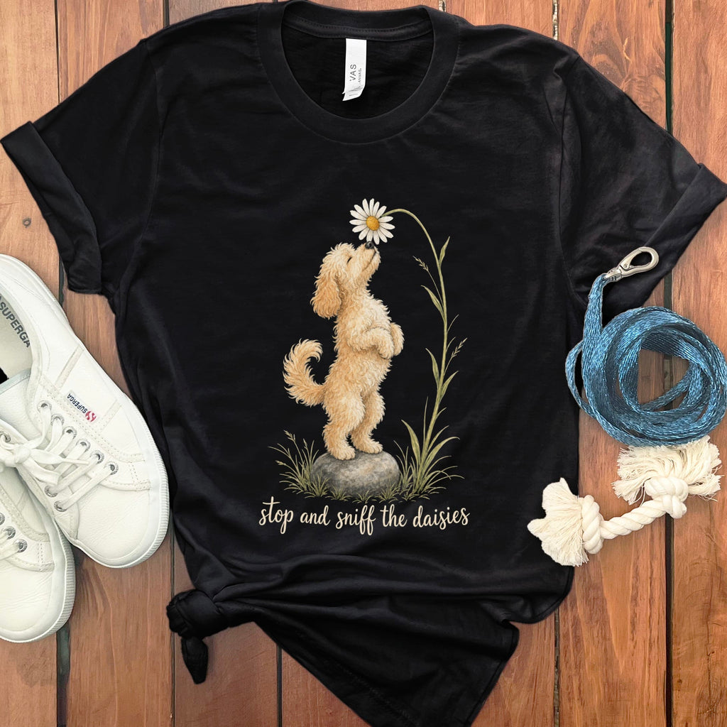 Cavapoo Sniff Daisies T-Shirt in Black / S by Puppy Jo