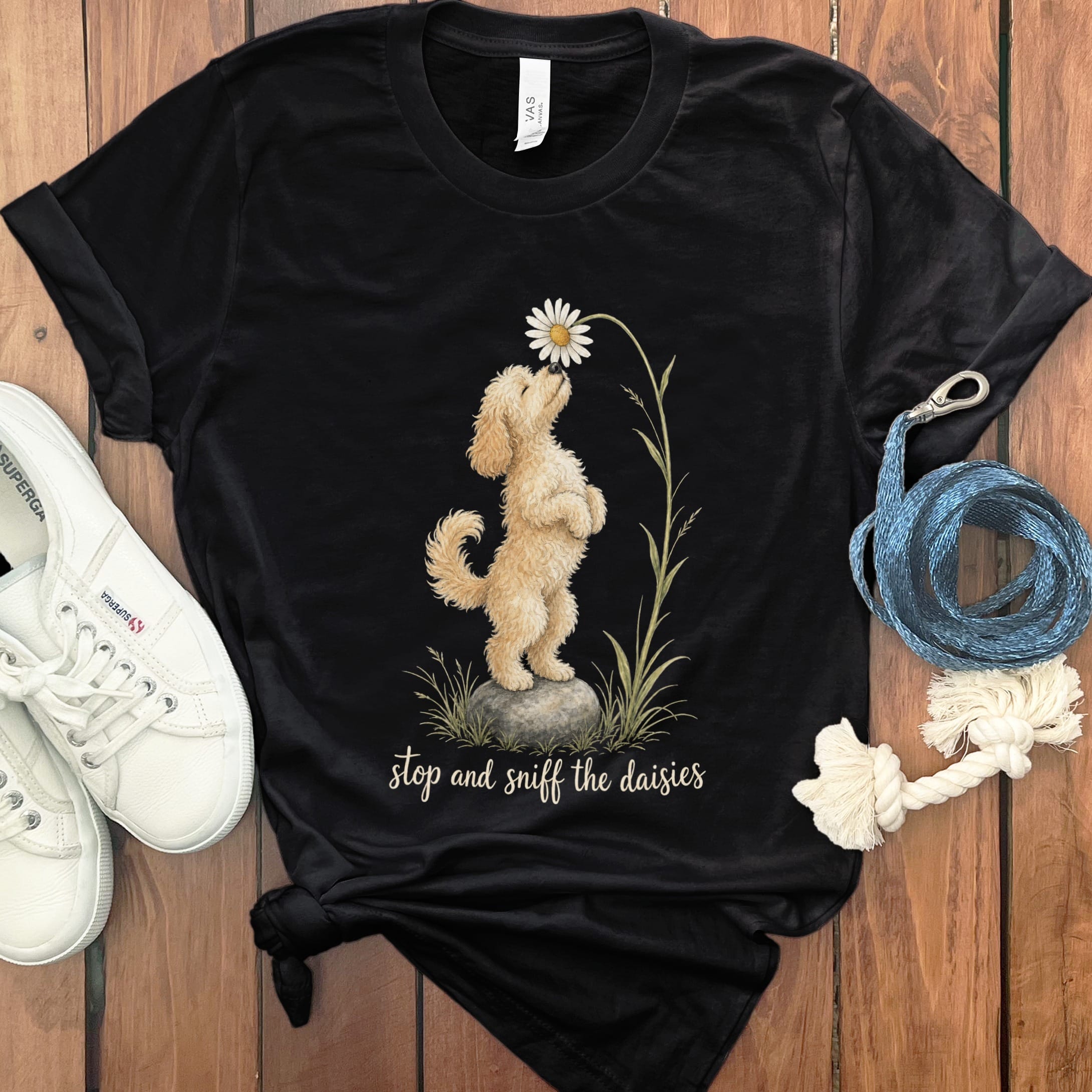 Cavapoo Sniff Daisies T-Shirt in Black / S by Puppy Jo