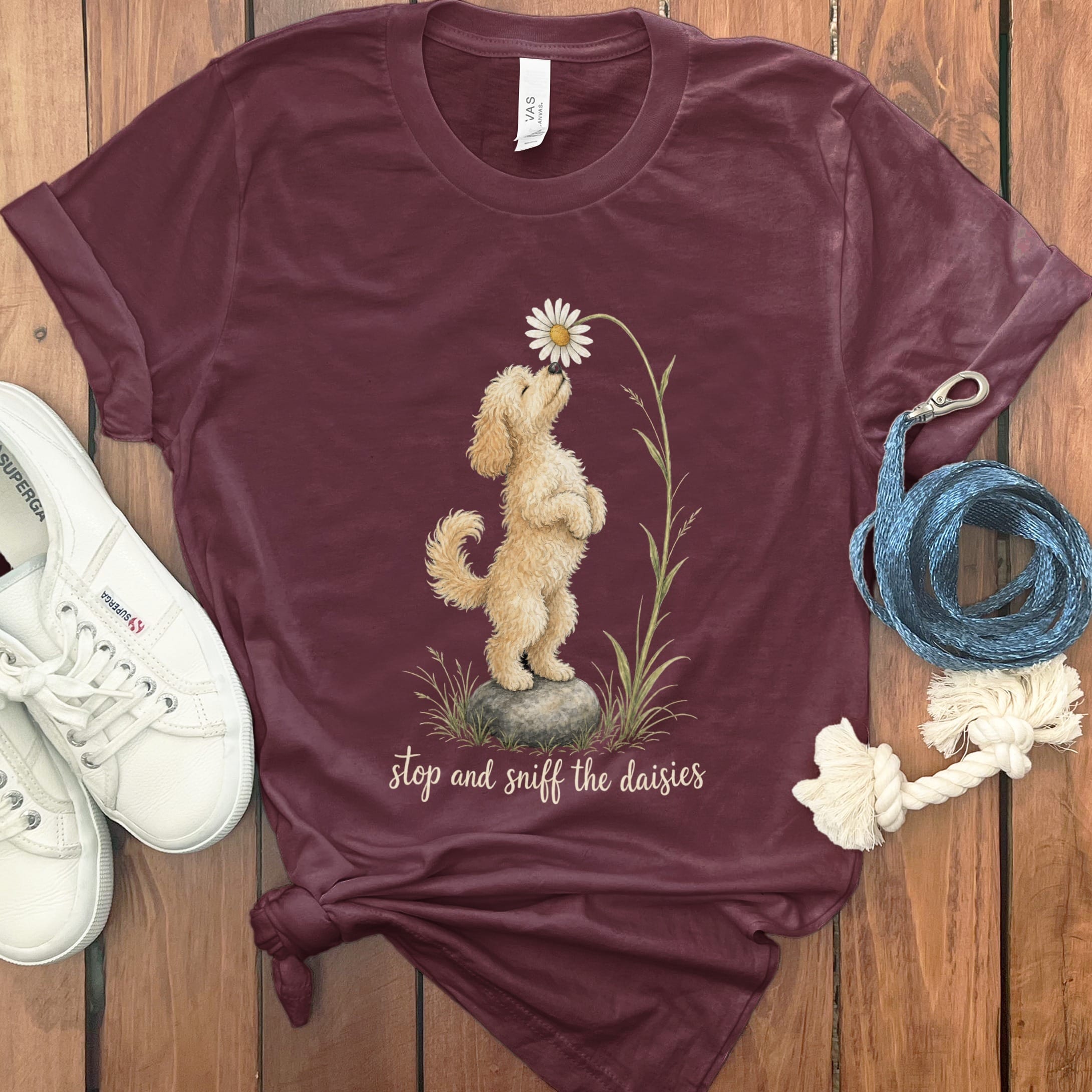 Cavapoo Sniff Daisies T-Shirt in Maroon / S by Puppy Jo