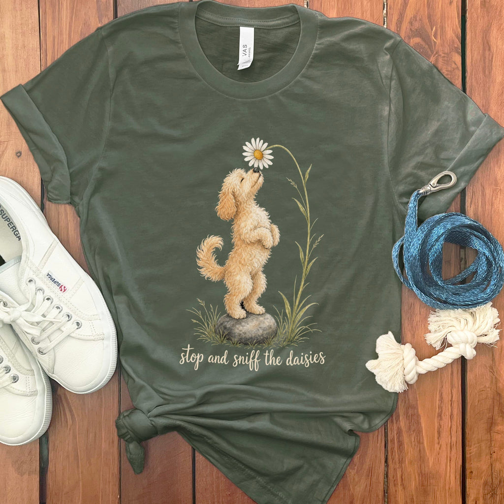 Cavapoo Sniff Daisies T-Shirt in Military Green / S by Puppy Jo
