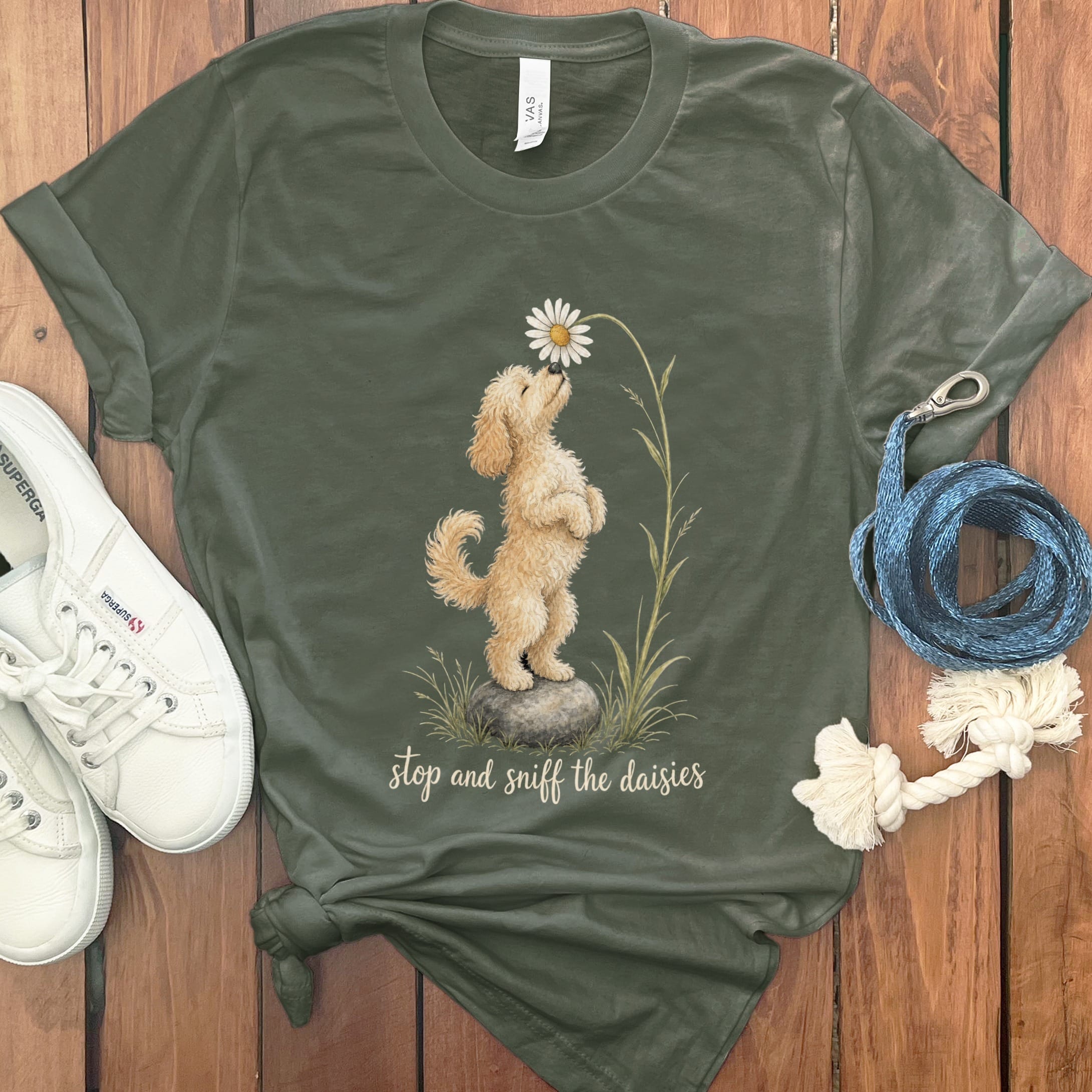 Cavapoo Sniff Daisies T-Shirt in Military Green / S by Puppy Jo