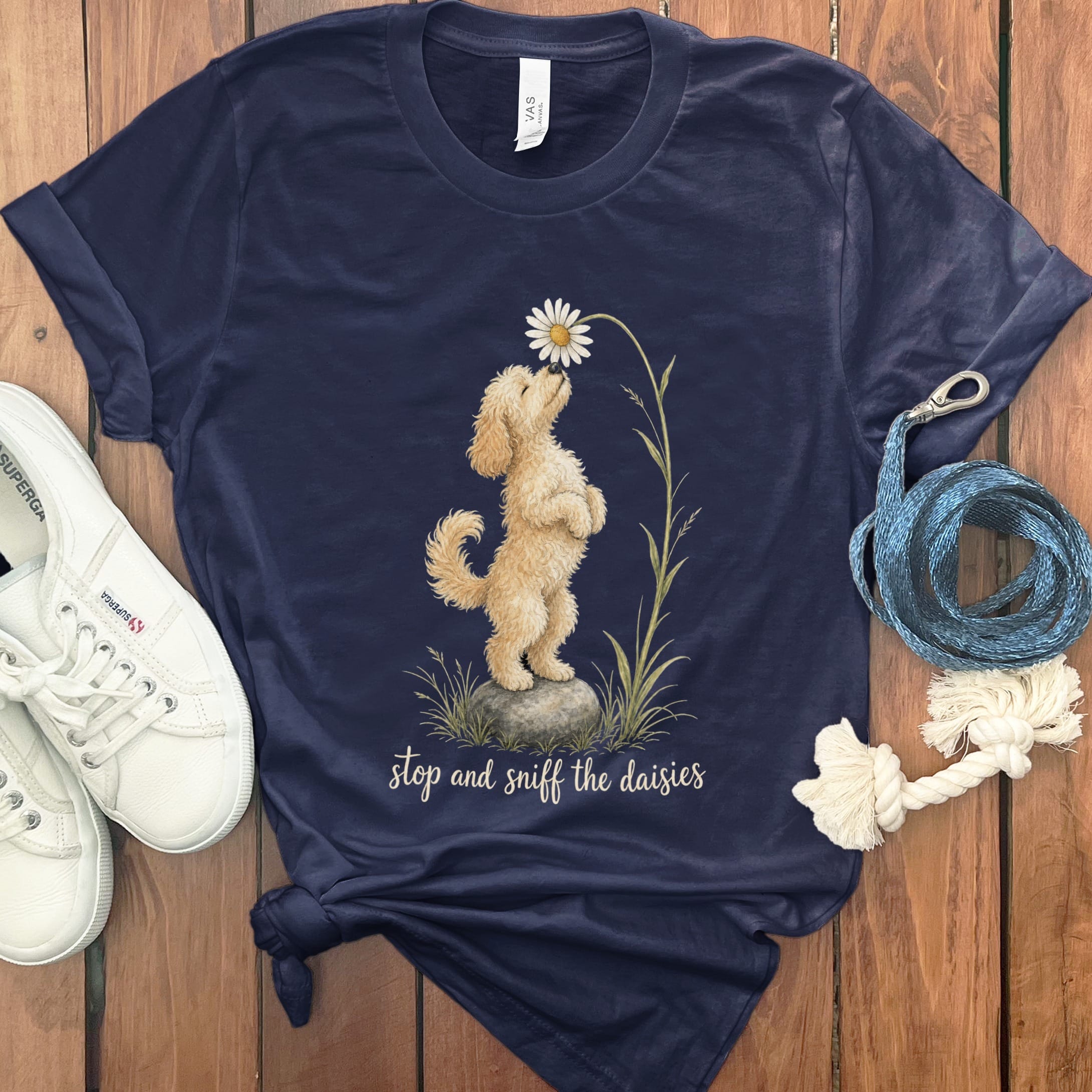 Cavapoo Sniff Daisies T-Shirt in Navy / S by Puppy Jo