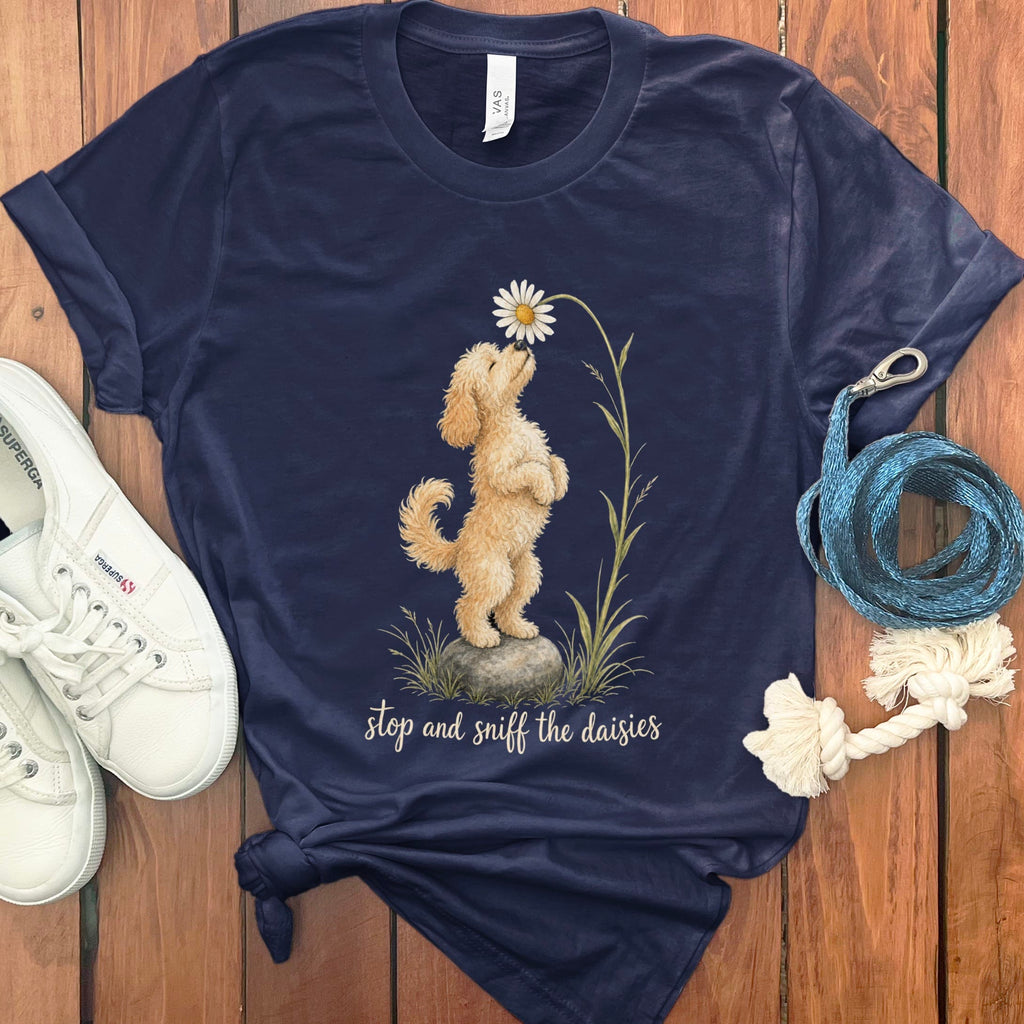 Cavapoo Sniff Daisies T-Shirt in Navy / S by Puppy Jo
