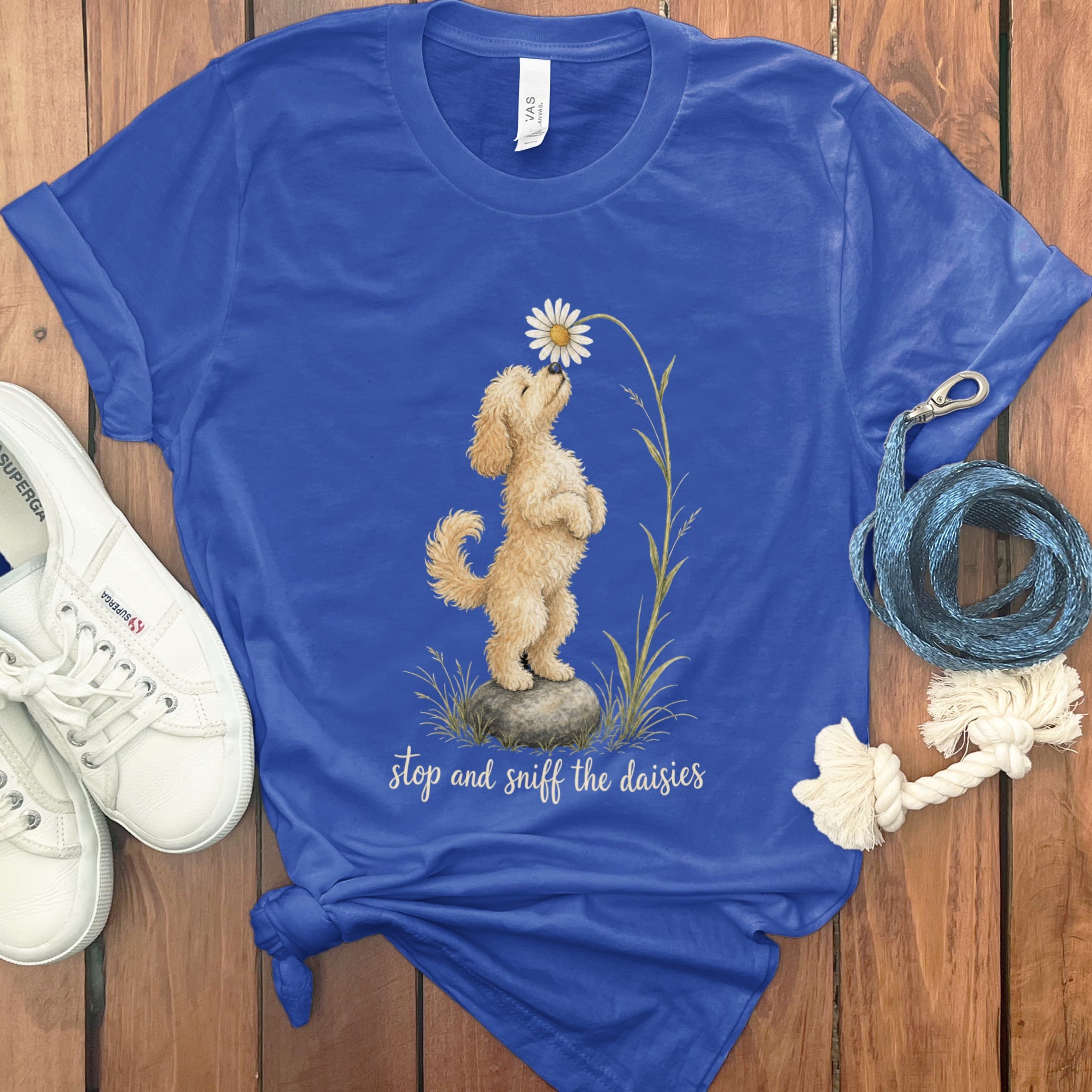 Cavapoo Sniff Daisies T-Shirt in True Royal / S by Puppy Jo