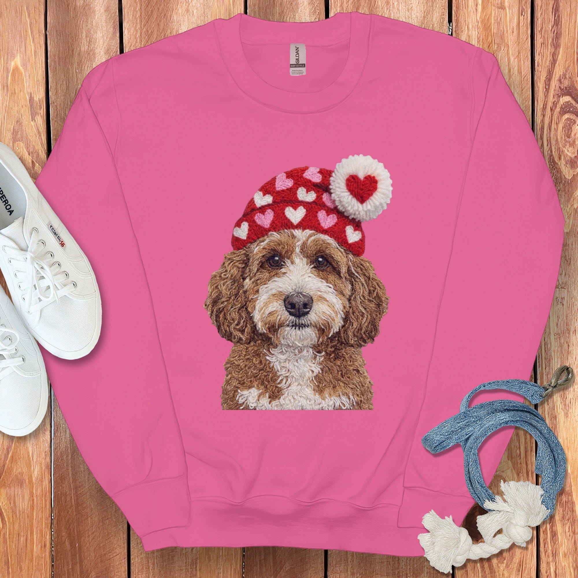 Cavapoo Valentine Charm Faux Yarn Sweatshirt in Heliconia / S by Puppy Jo