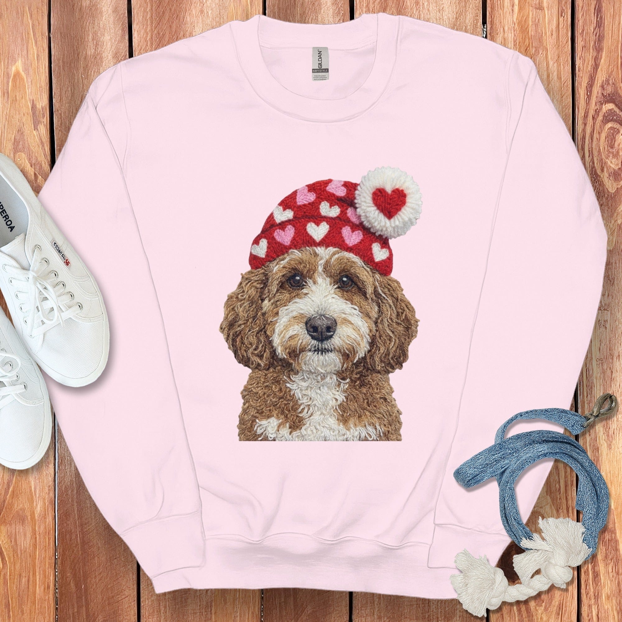 Cavapoo Valentine Charm Faux Yarn Sweatshirt in Light Pink / S by Puppy Jo