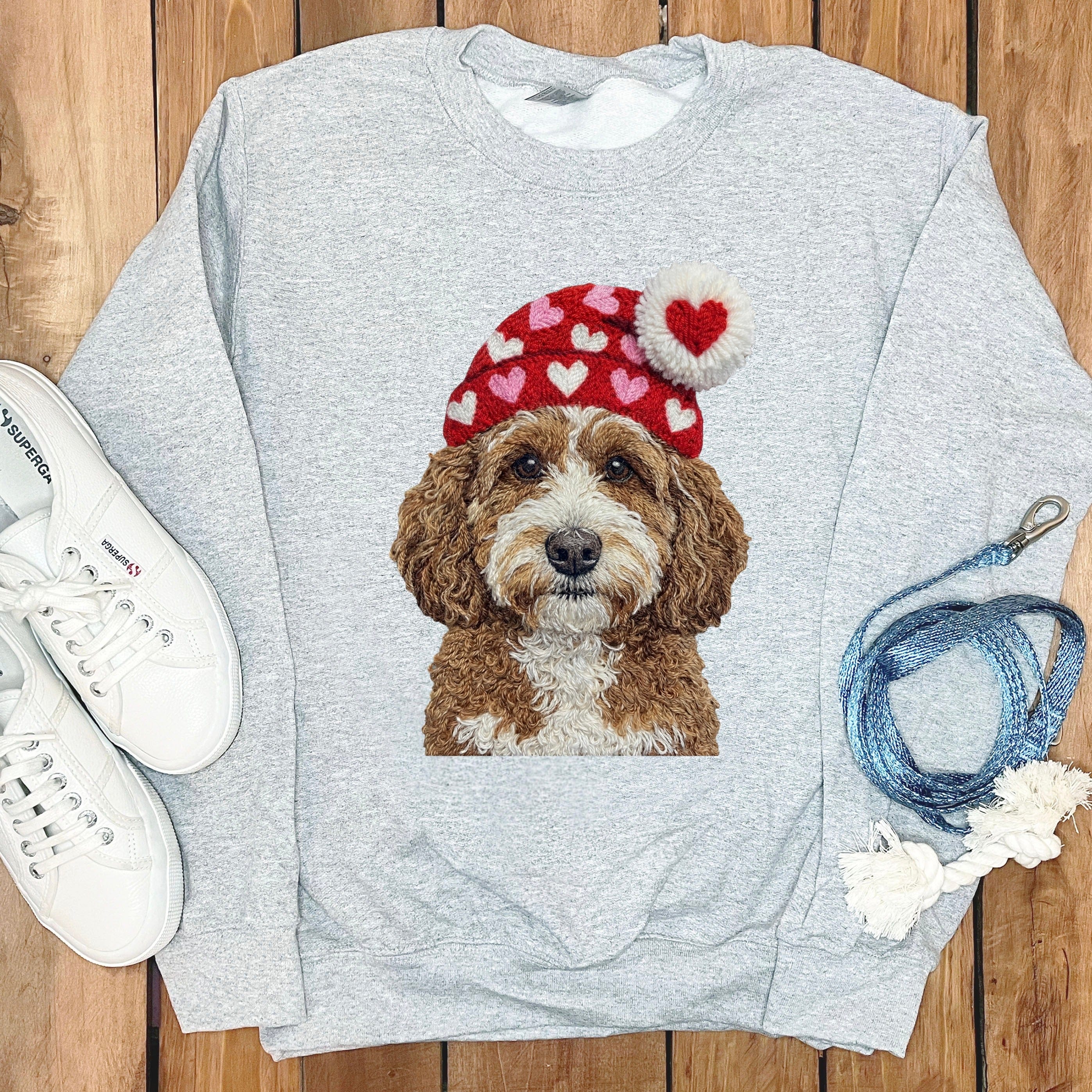 Cavapoo Valentine Charm Faux Yarn Sweatshirt in Sport Grey / S by Puppy Jo