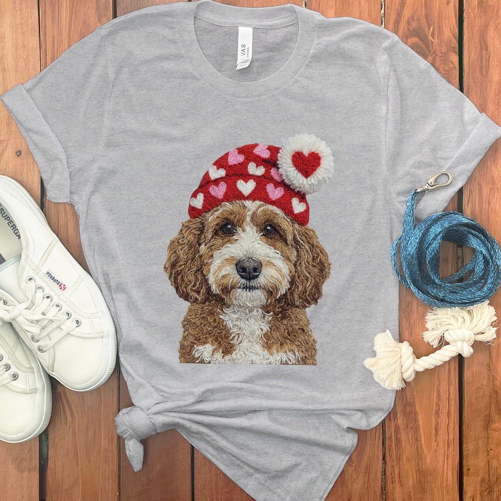 Cavapoo Valentine Charm Faux Yarn T-Shirt in Athletic Heather / S by Puppy Jo