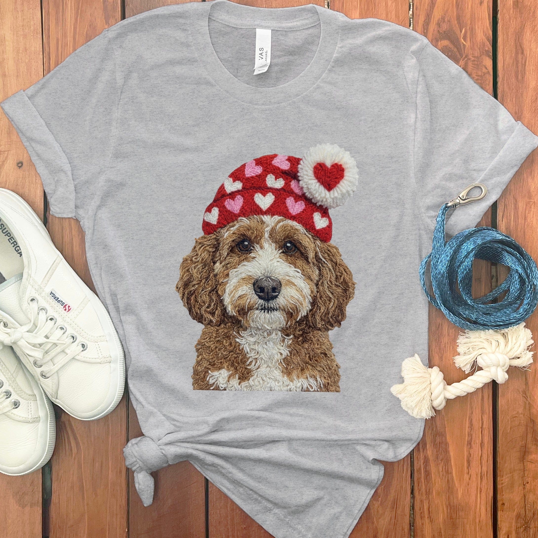 Cavapoo Valentine Charm Faux Yarn T-Shirt in Athletic Heather / S by Puppy Jo