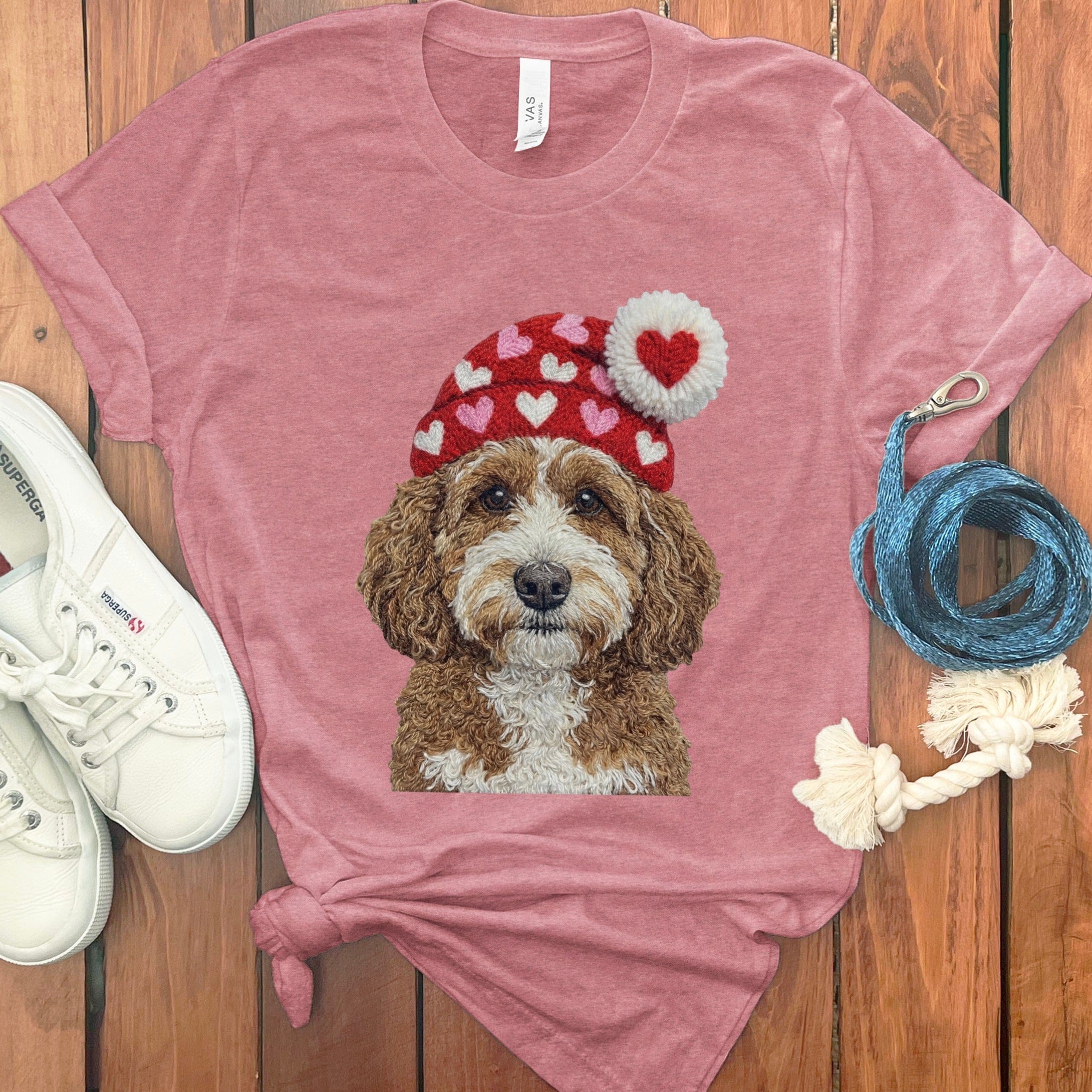 Cavapoo Valentine Charm Faux Yarn T-Shirt in Heather Mauve / S by Puppy Jo
