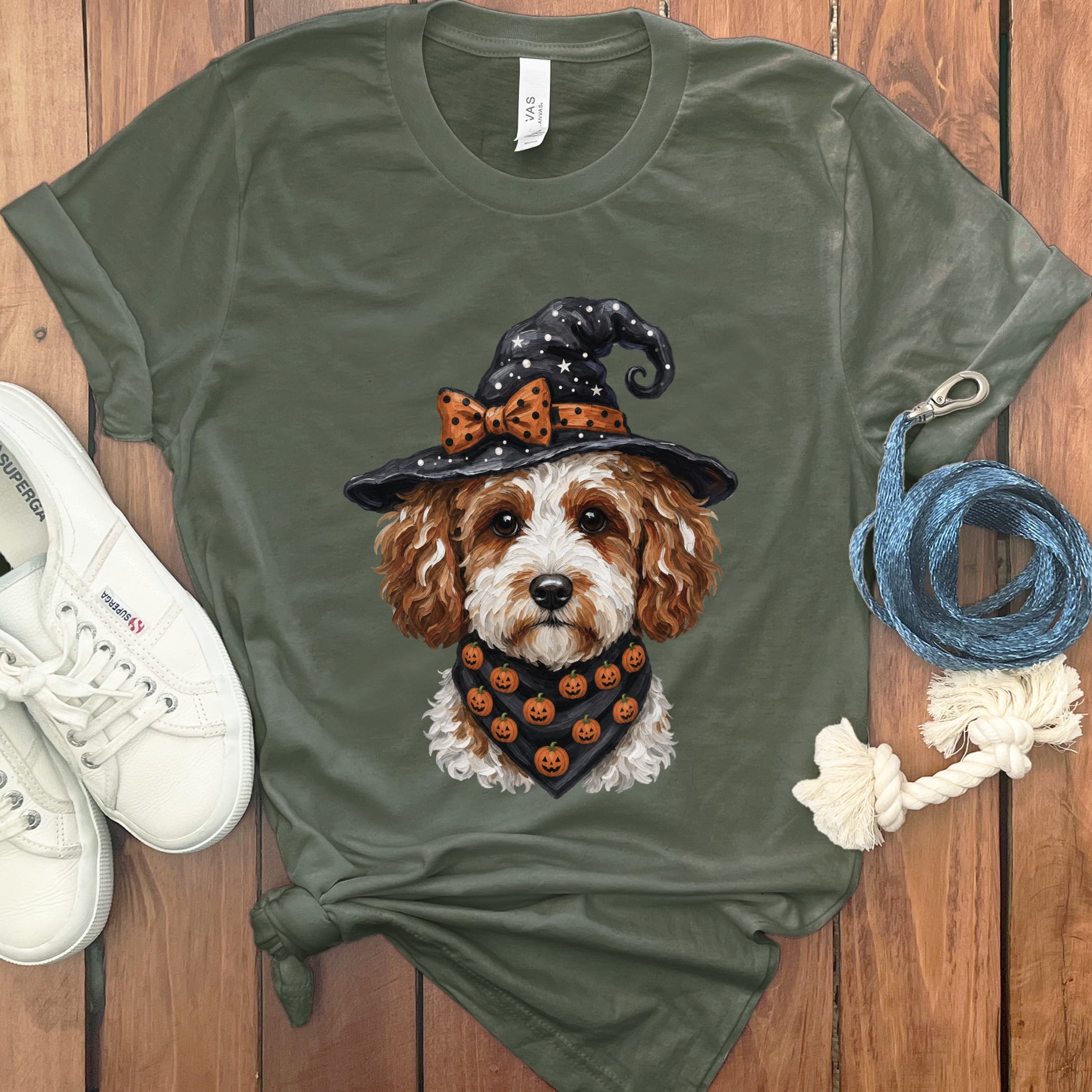 Cavapoo Witch Hat T-Shirt in Military Green / S by MyDesigns
