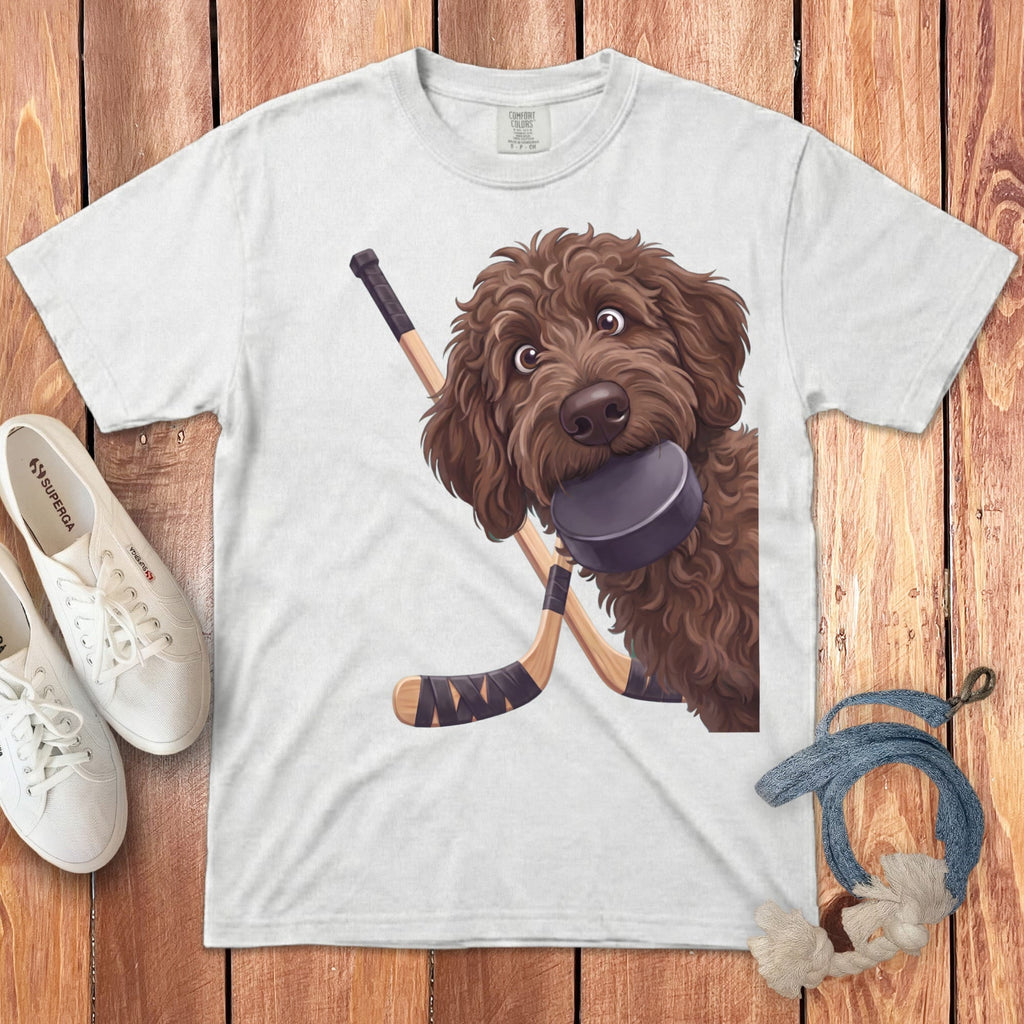 Chocolate Goldendoodle Hockey Signature T-Shirt in White / S by Puppy Jo