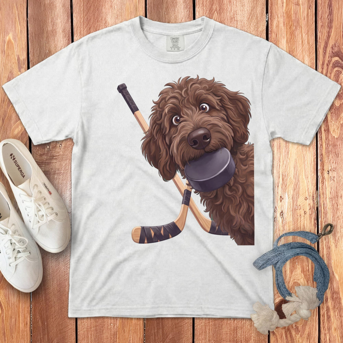 Chocolate Goldendoodle Hockey Signature T-Shirt in White / S by Puppy Jo
