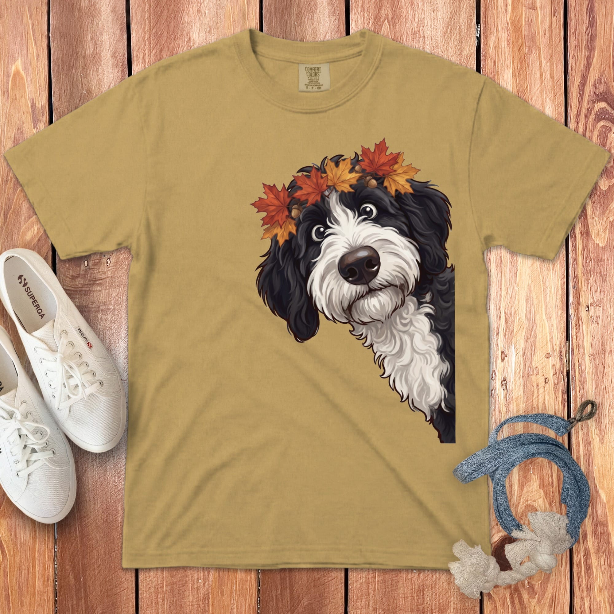 T-shirt with black and white dog wearing an autumn leaf, acorns, and a wooden background.