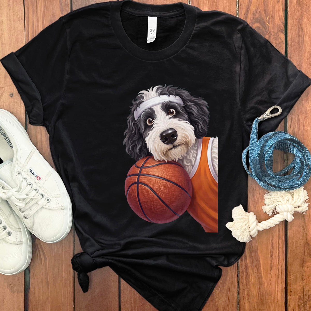 Sheepadoodle Basketball Player T-Shirt in Black / S by Puppy Jo