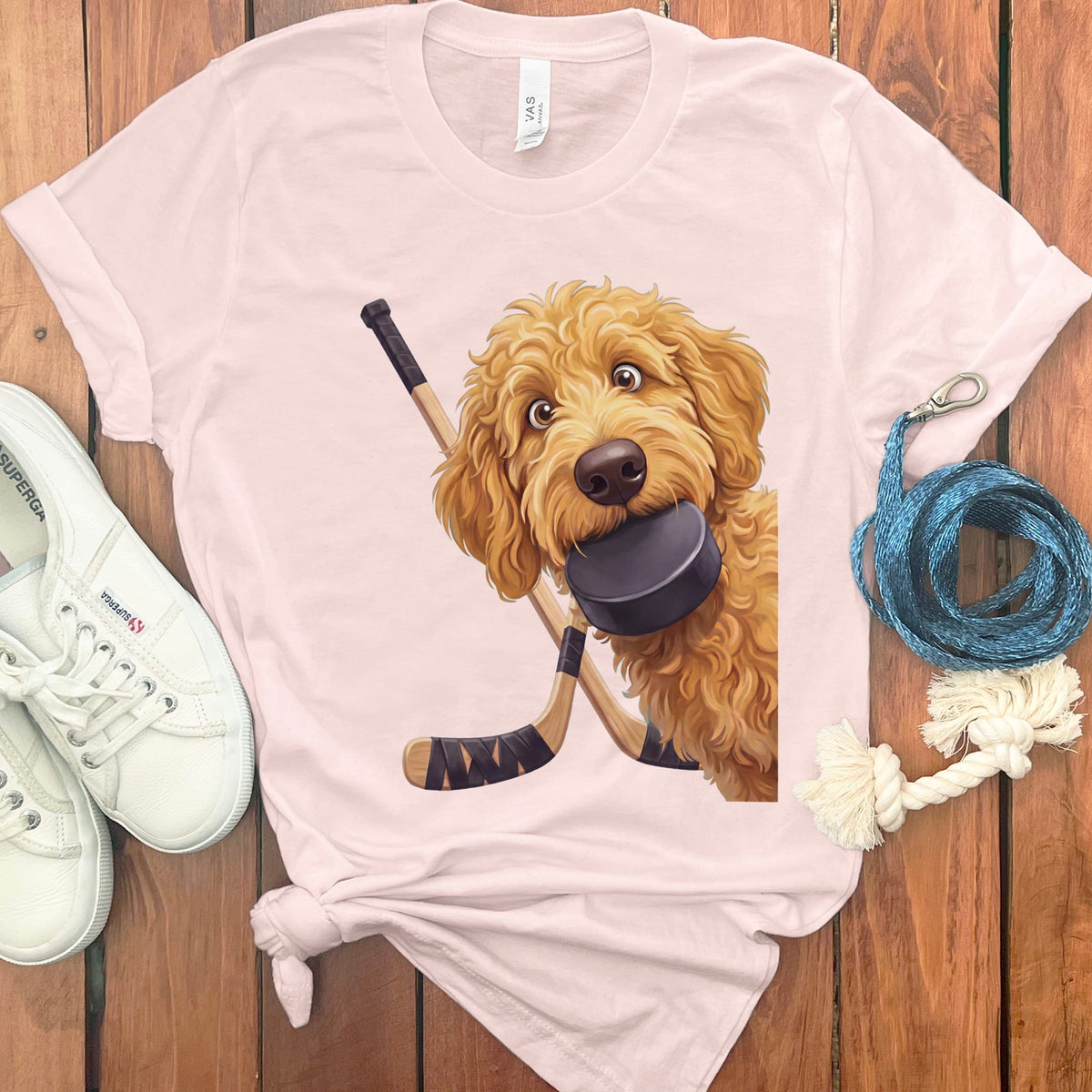 Golden Goldendoodle Hockey T-Shirt in Soft Pink / S by Puppy Jo