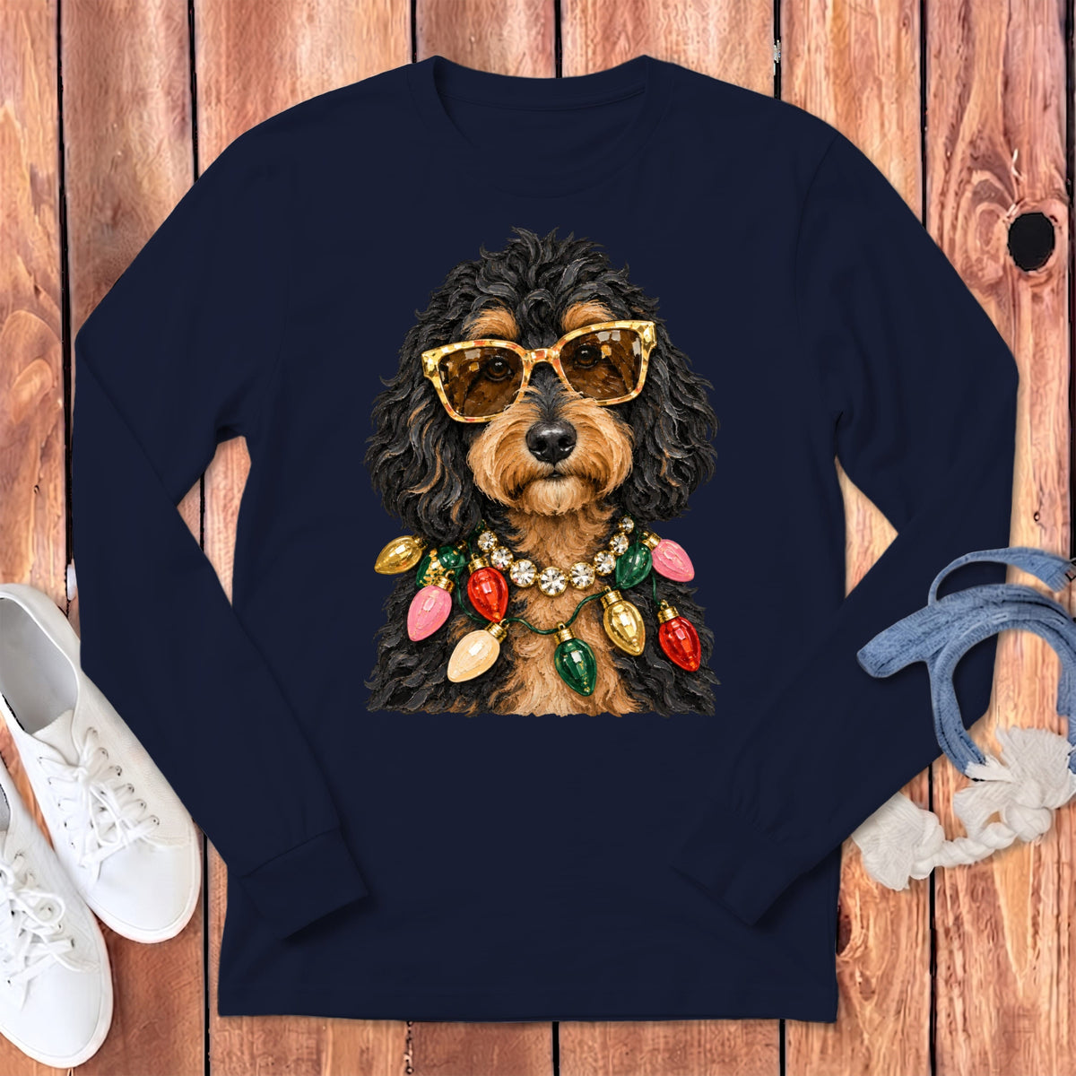 Phantom Goldendoodle Christmas Glam Long Sleeve T-Shirt in Navy / S by Puppy Jo