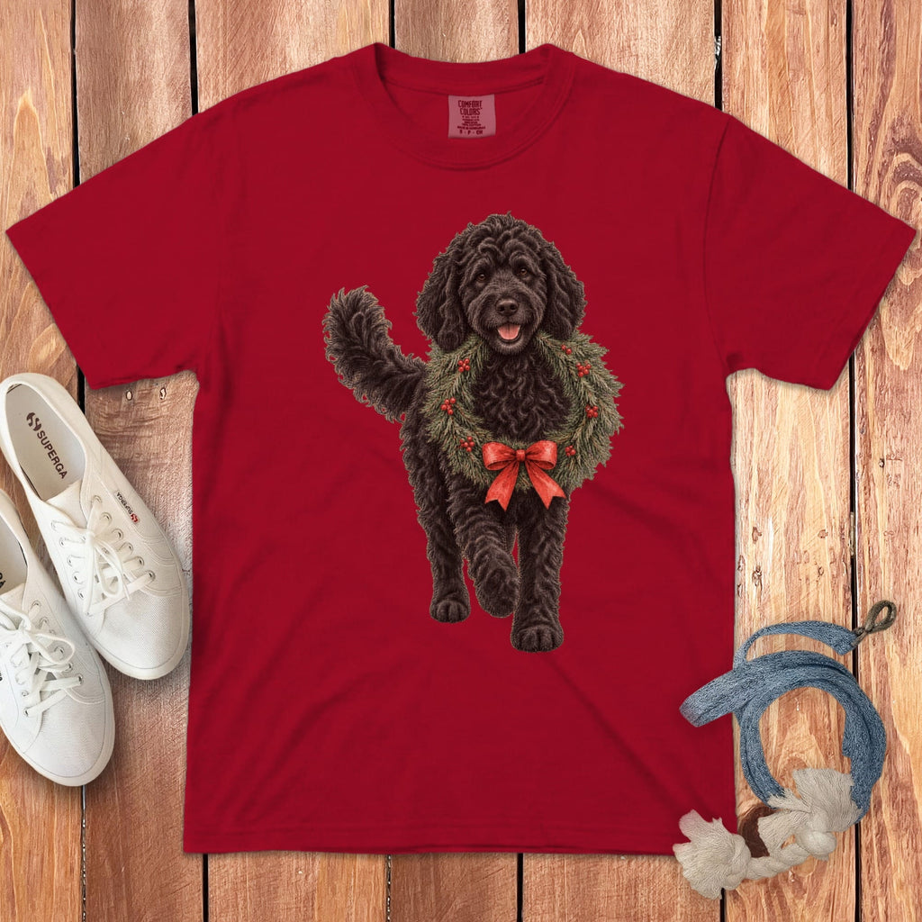 Black Goldendoodle Wreath Signature T-Shirt in Red / S by Puppy Jo