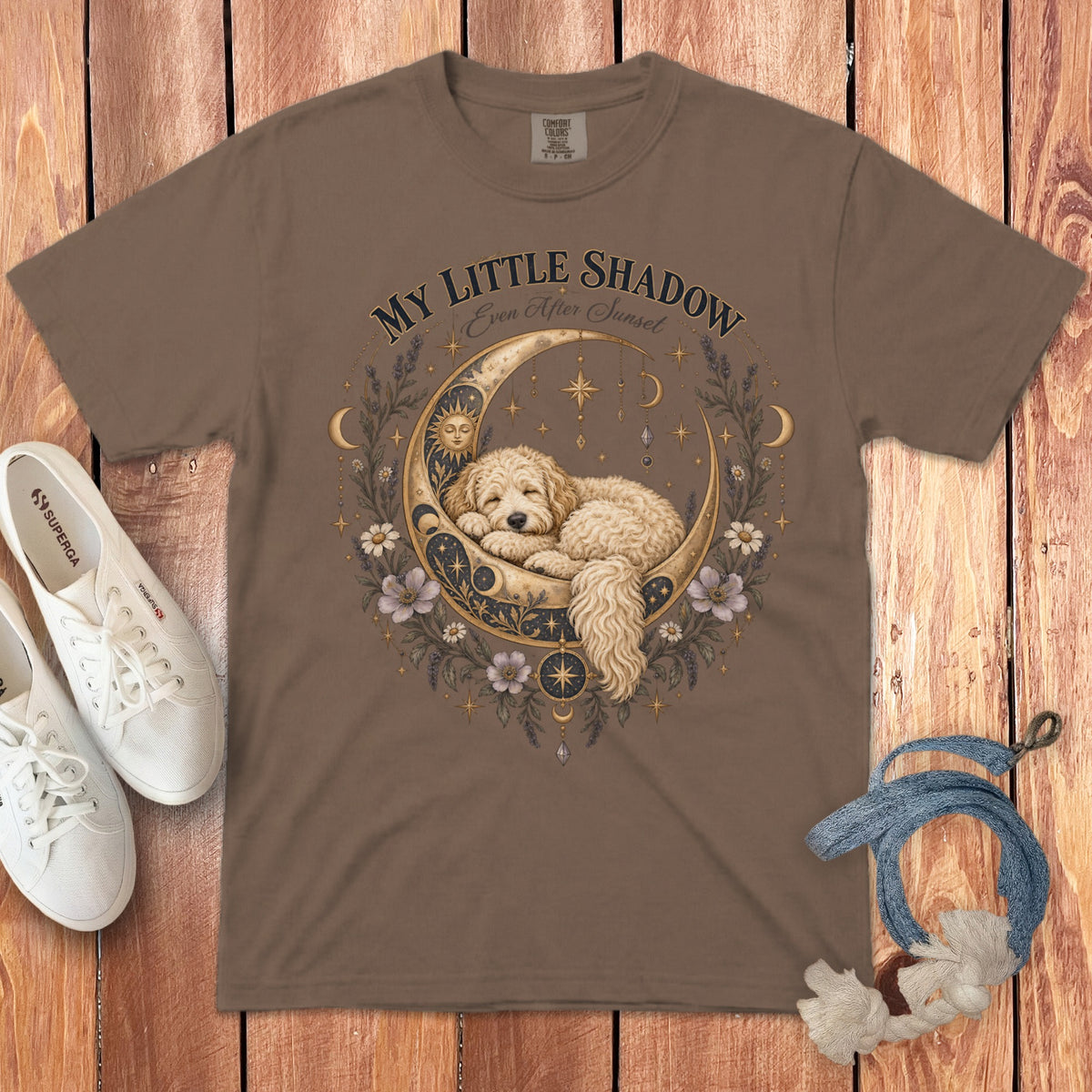 Brown t-shirt with "My Little Shadow Even After Sunset" text and dog on moon graphic.