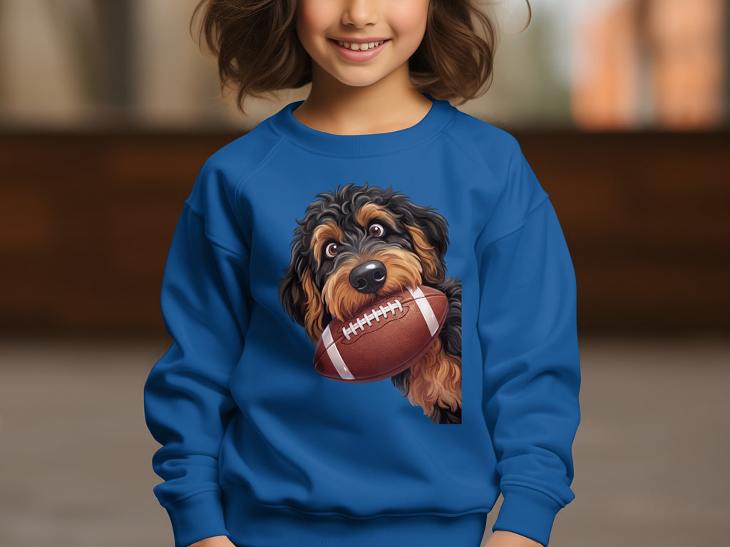 Blue sweatshirt with a cartoon dog holding a football.
