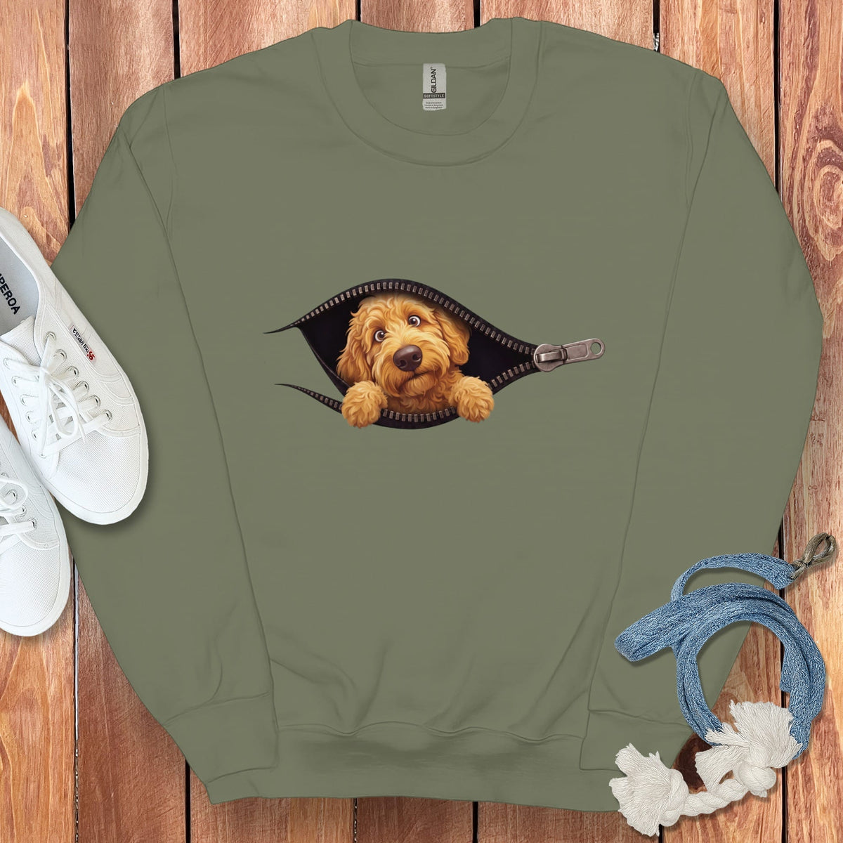 Golden Goldendoodle Peeking Zipper Sweatshirt in Military Green / S by Puppy Jo